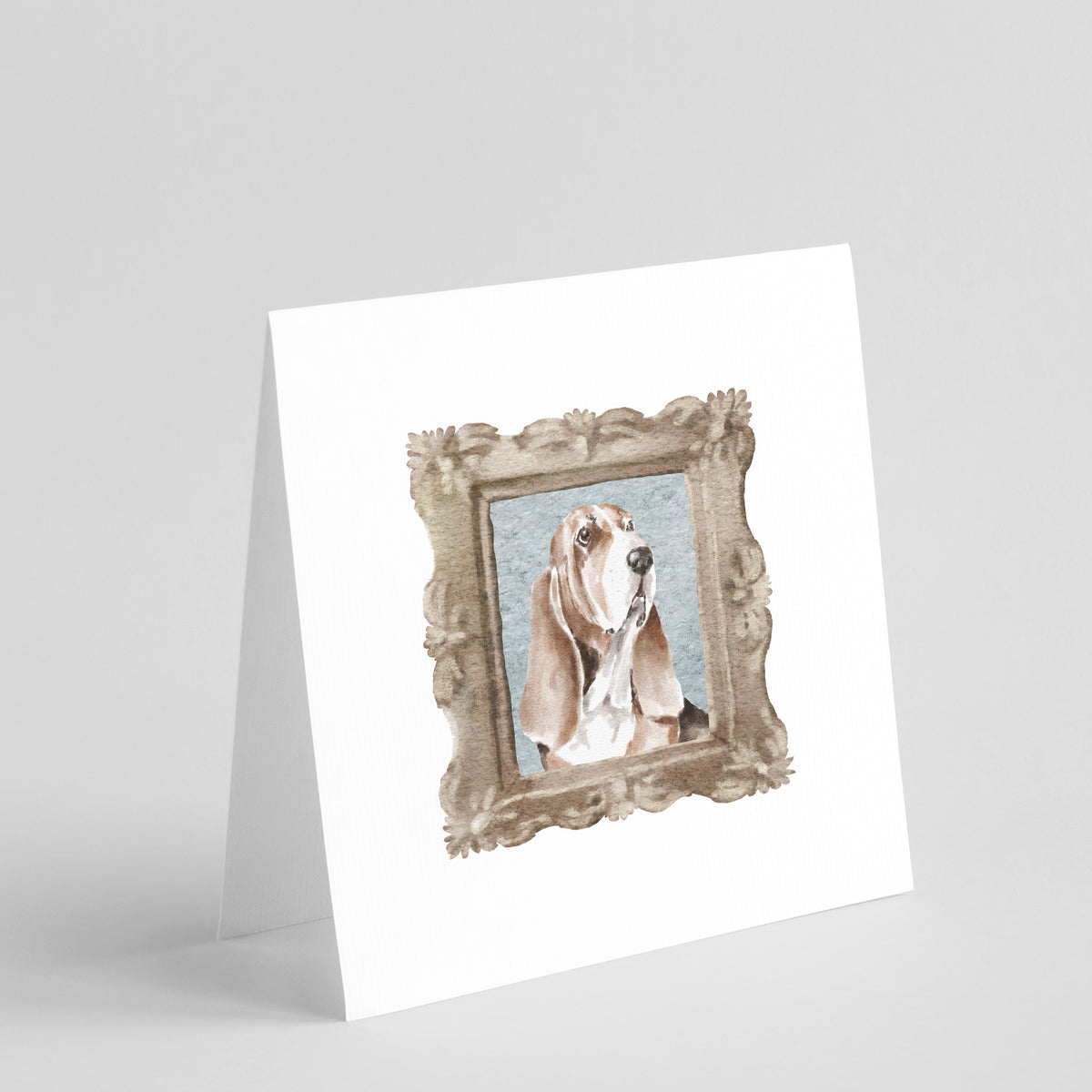 Buy this Basset Hound Tricolor Front View 4 Square Greeting Cards and Envelopes Pack of 8