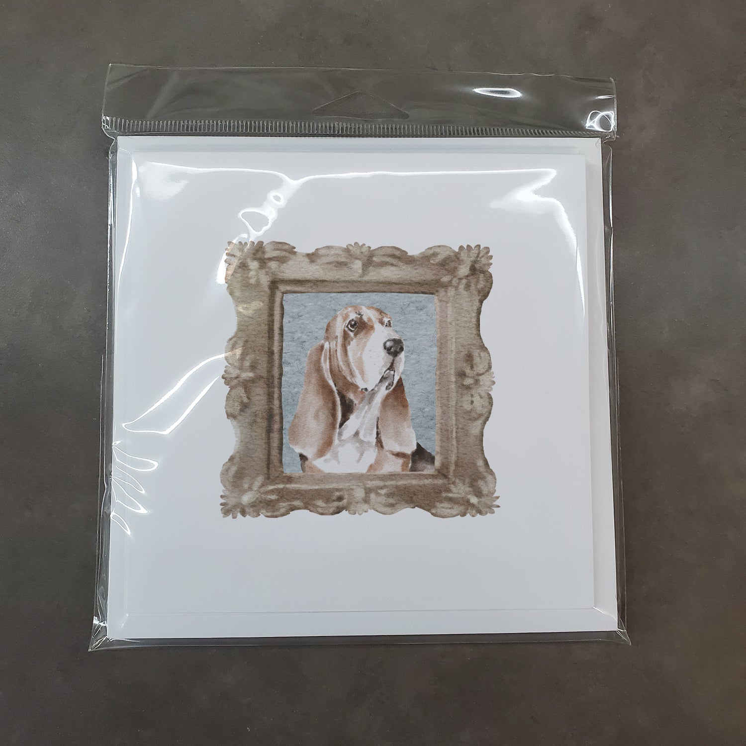 Basset Hound Tricolor Front View 4 Square Greeting Cards and Envelopes Pack of 8 - the-store.com