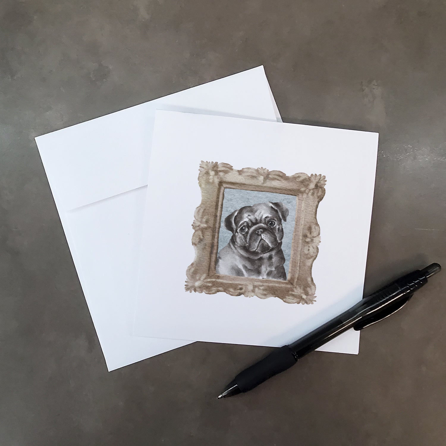Buy this Pug Black Front View Square Greeting Cards and Envelopes Pack of 8