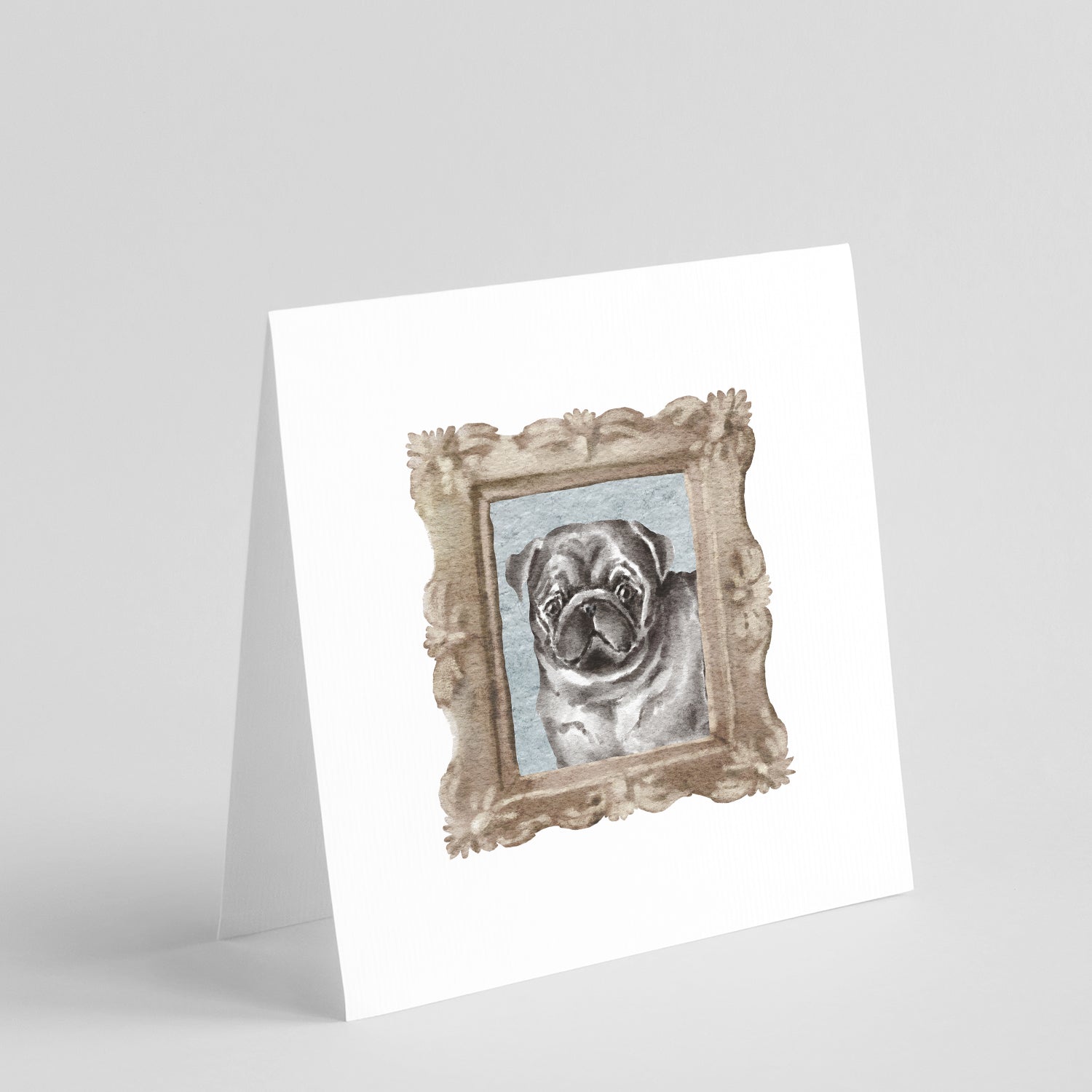 Buy this Pug Black Front View 2 Square Greeting Cards and Envelopes Pack of 8