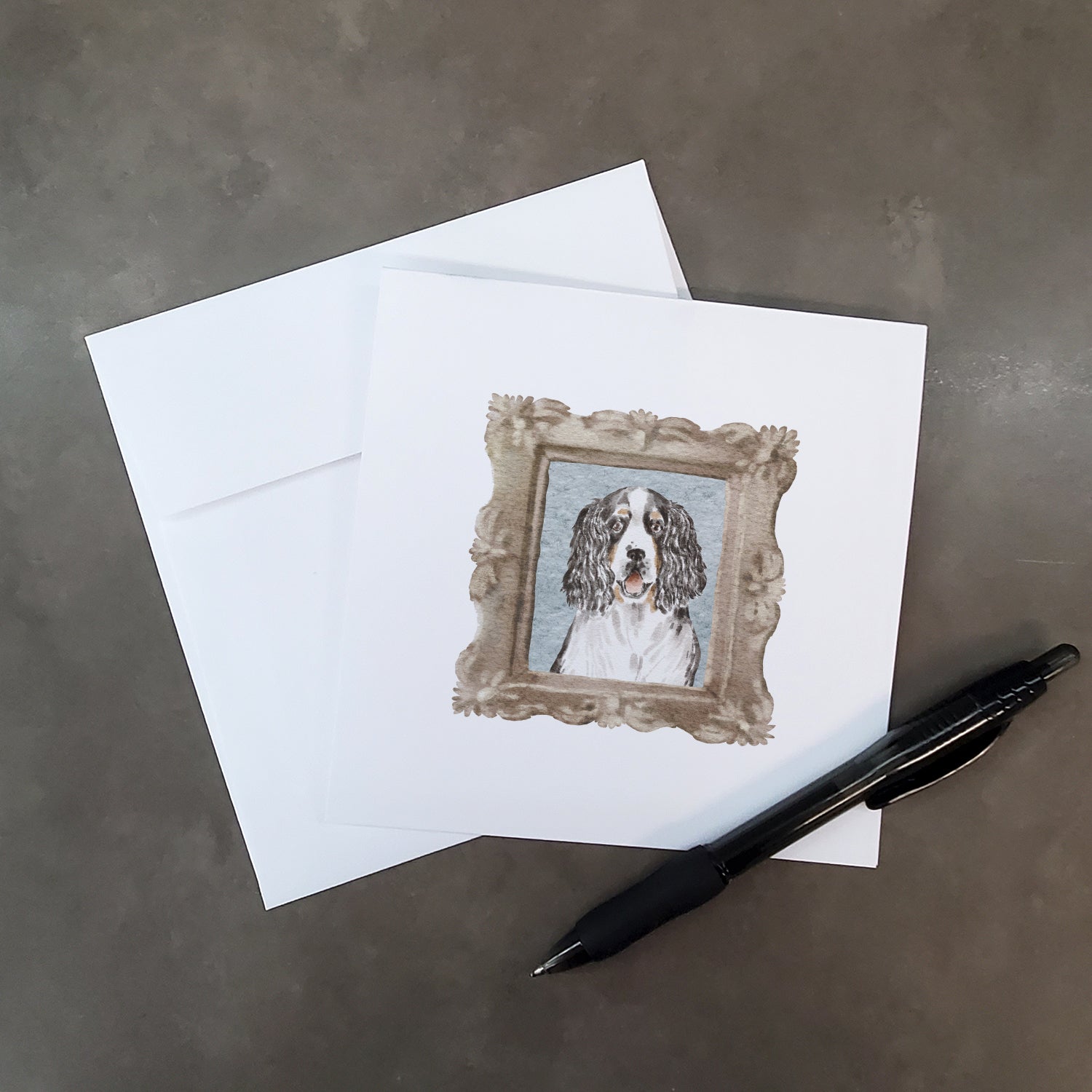 English Springer Spaniel Tricolor Smile Square Greeting Cards and Envelopes Pack of 8 - the-store.com