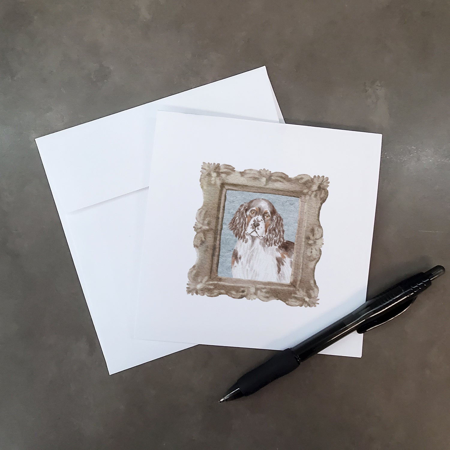 Buy this English Springer Spaniel Liver White Front View 2 Square Greeting Cards and Envelopes Pack of 8