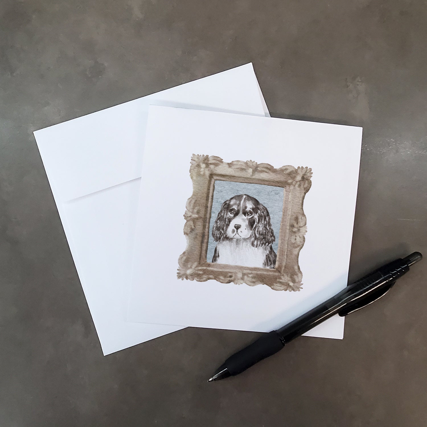 Buy this English Springer Spaniel Black White Puppy 2 Square Greeting Cards and Envelopes Pack of 8