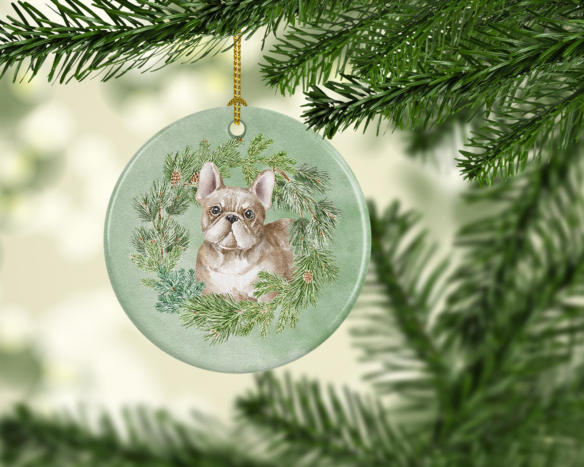 French Bulldog Fawn Christmas Wreath Ceramic Ornament - the-store.com