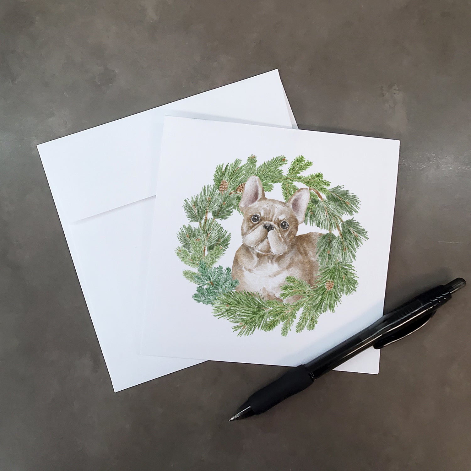 French Bulldog Fawn with Christmas Wreath Square Greeting Cards and Envelopes Pack of 8 - the-store.com