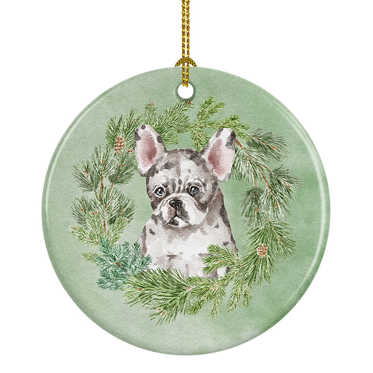 Buy this French Bulldog Puppy Pied Christmas Wreath Ceramic Ornament