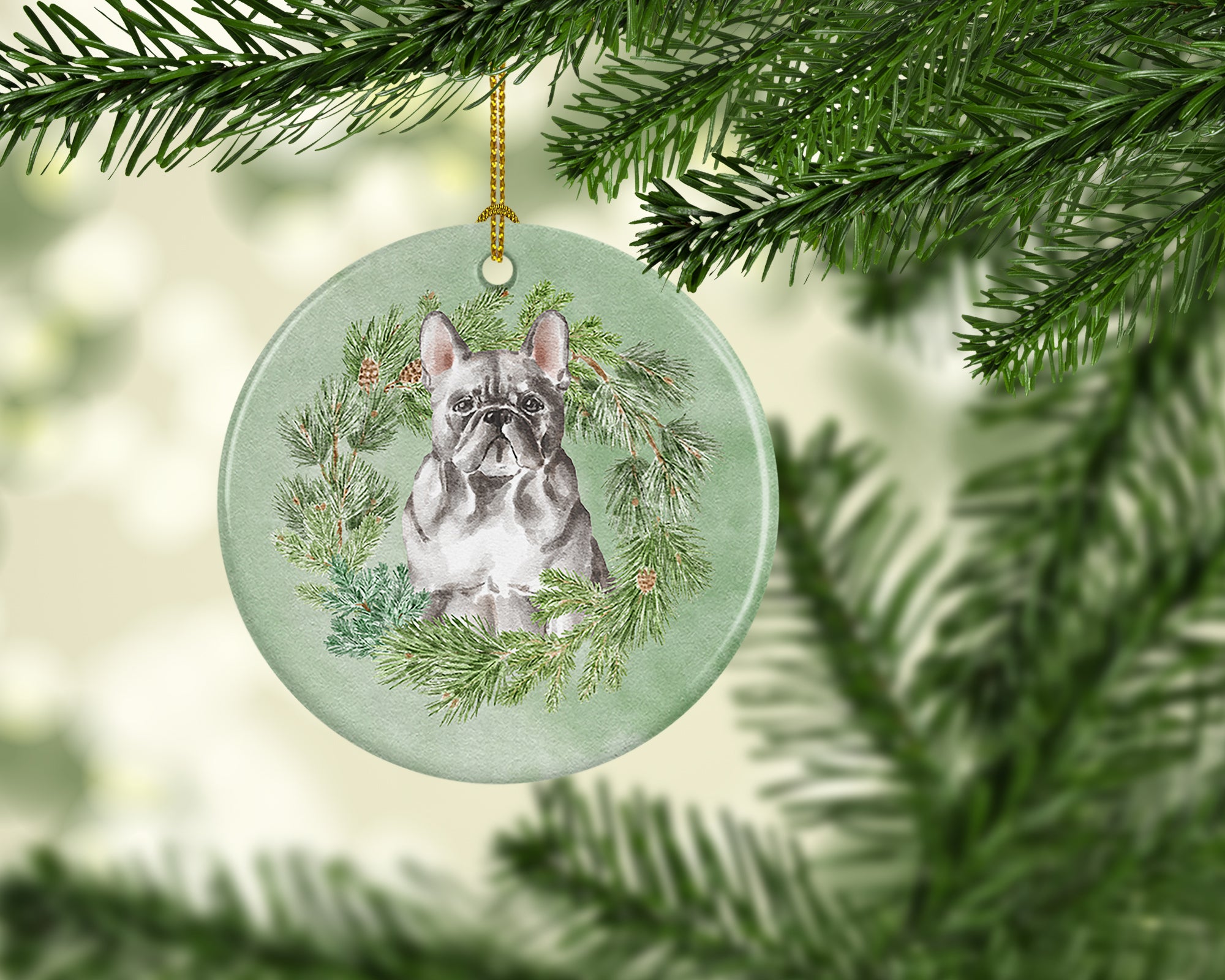 French Bulldog Blue Christmas Wreath Ceramic Ornament - the-store.com
