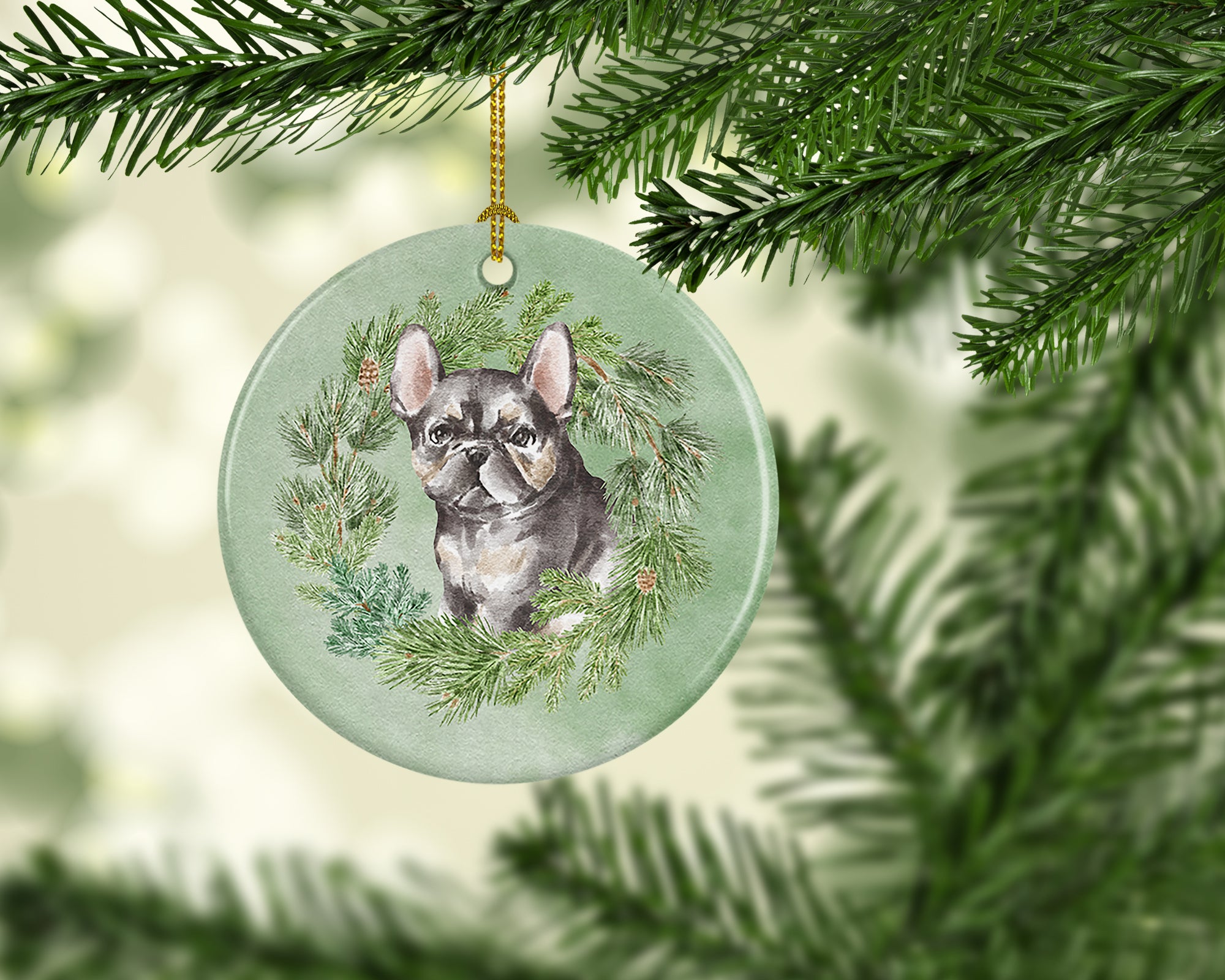 French Bulldog Puppy Black Christmas Wreath Ceramic Ornament - the-store.com