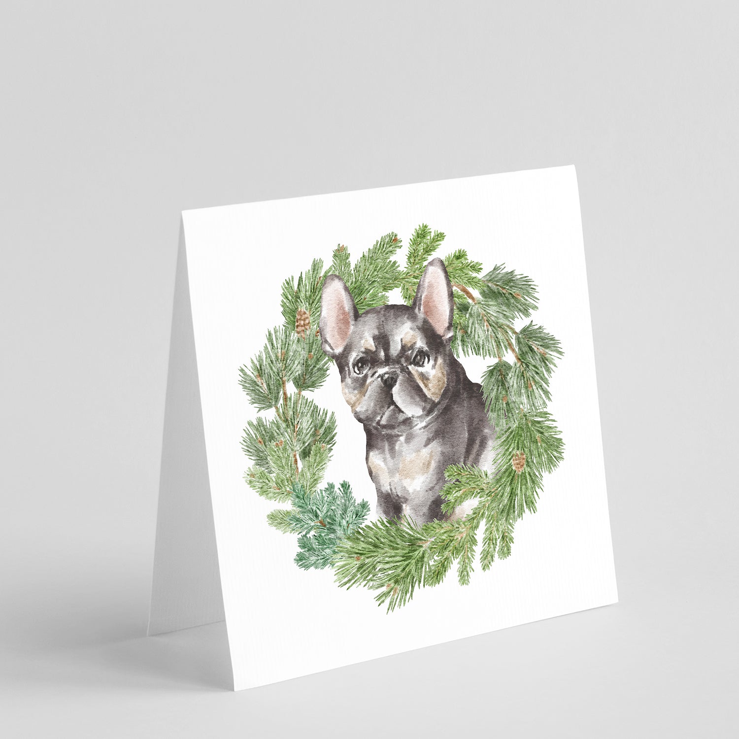 Buy this French Bulldog Puppy Black with Christmas Wreath Square Greeting Cards and Envelopes Pack of 8