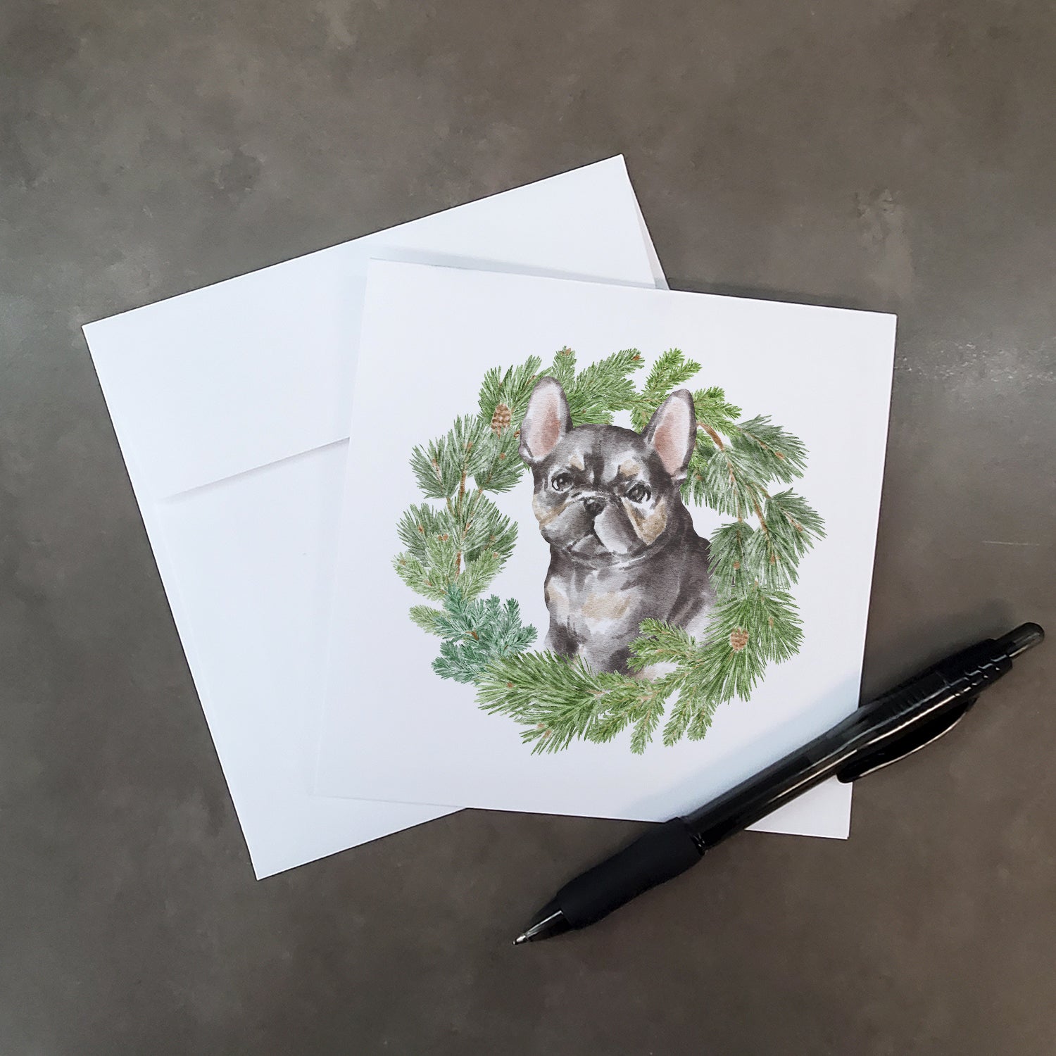 French Bulldog Puppy Black with Christmas Wreath Square Greeting Cards and Envelopes Pack of 8 - the-store.com