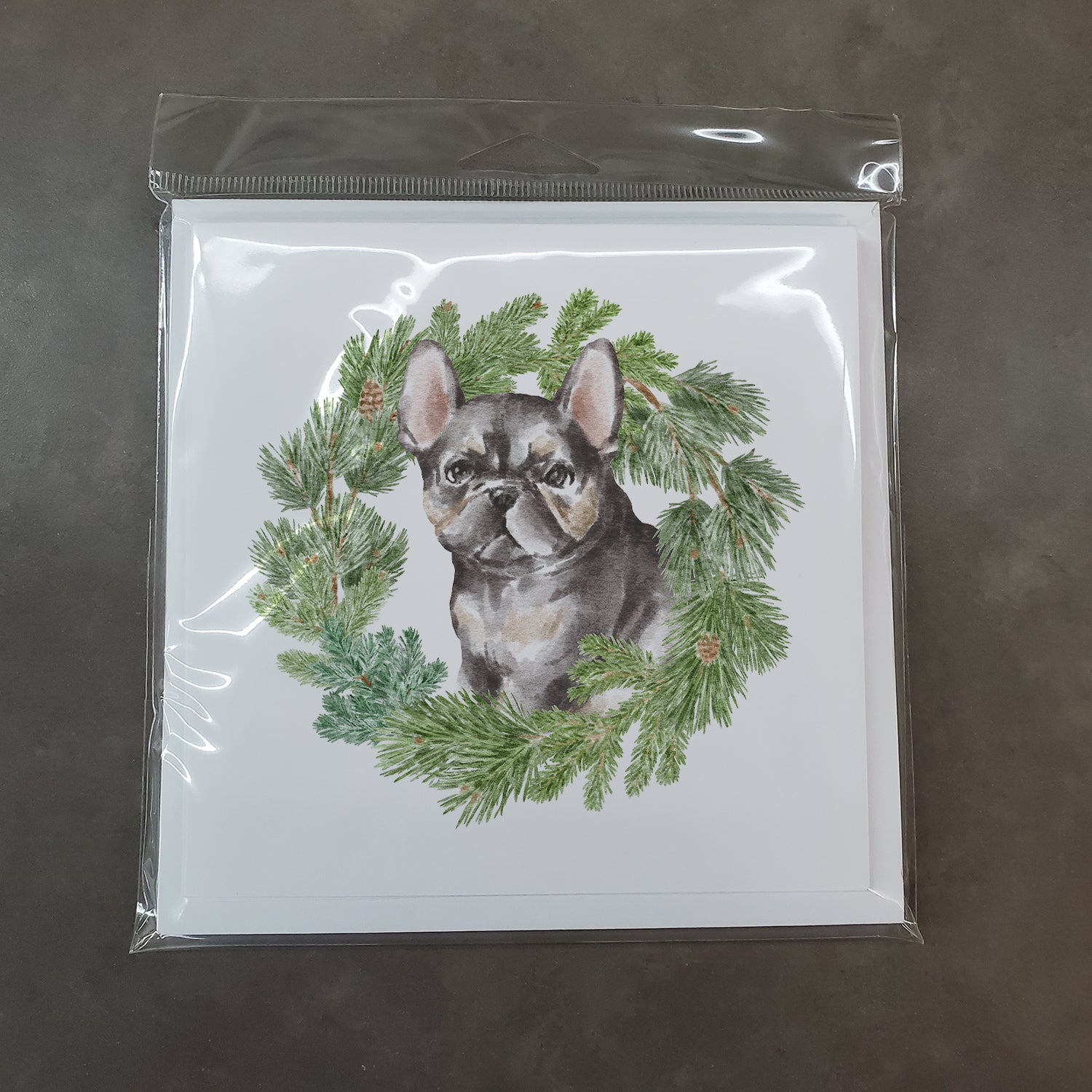 French Bulldog Puppy Black with Christmas Wreath Square Greeting Cards and Envelopes Pack of 8 - the-store.com