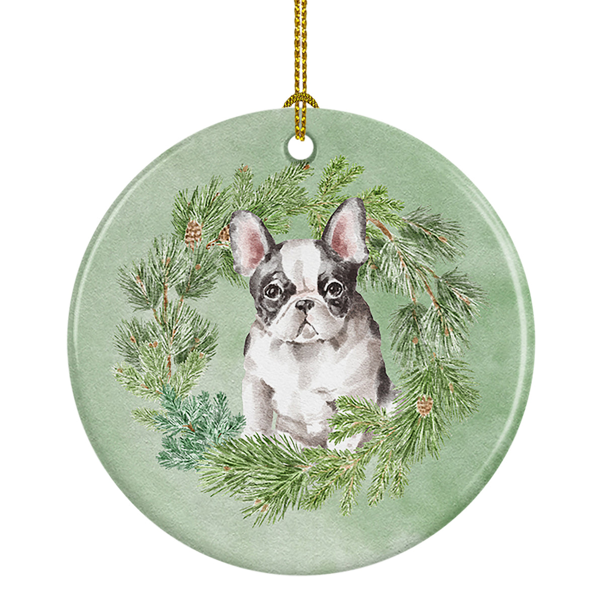 Buy this French Bulldog Black and White Christmas Wreath Ceramic Ornament