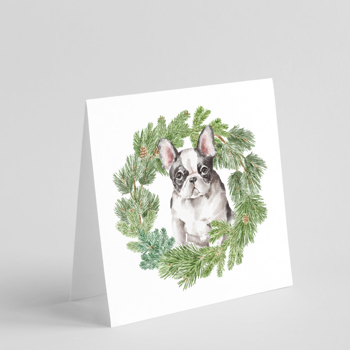 Buy this French Bulldog Black and White with Christmas Wreath Square Greeting Cards and Envelopes Pack of 8