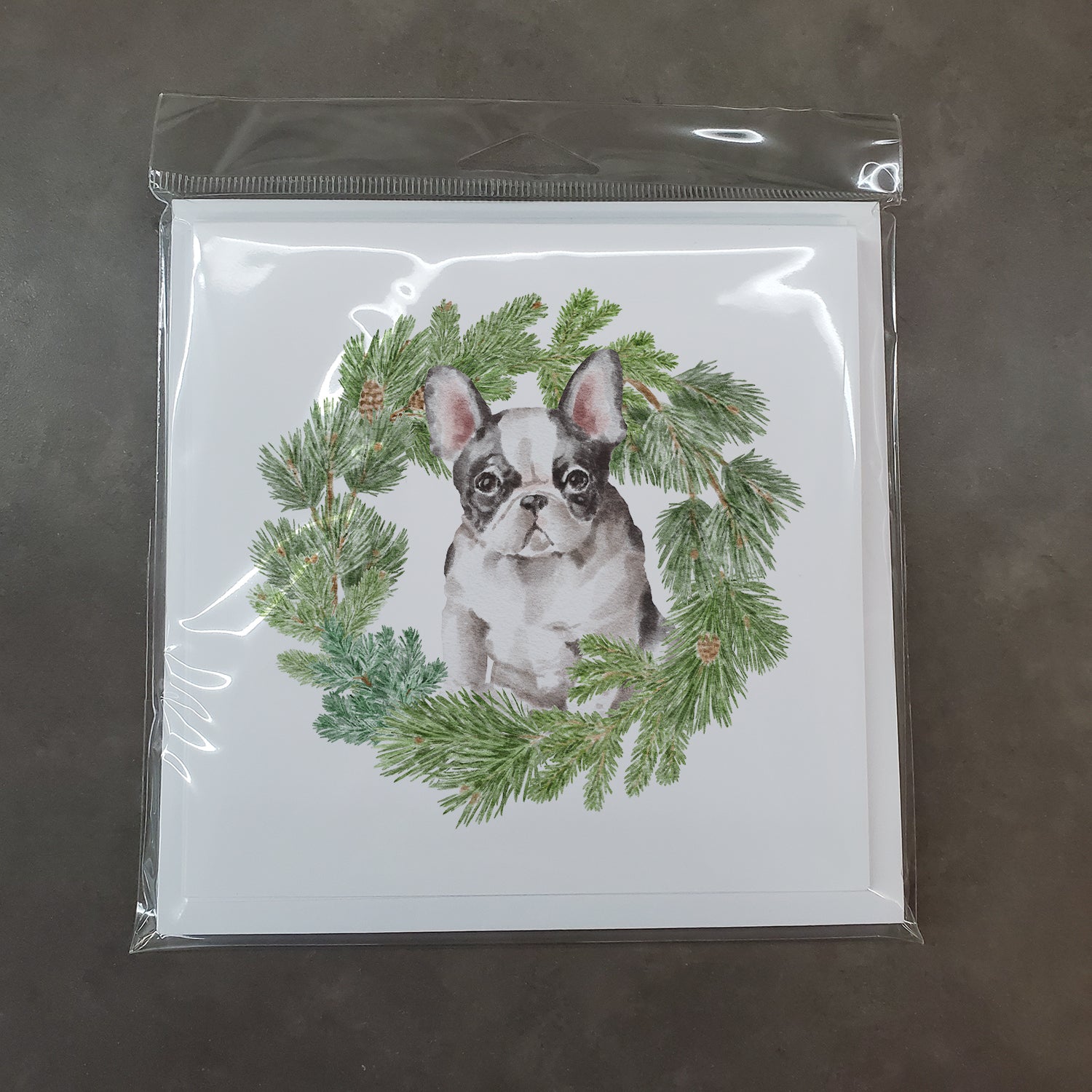 French Bulldog Black and White with Christmas Wreath Square Greeting Cards and Envelopes Pack of 8 - the-store.com
