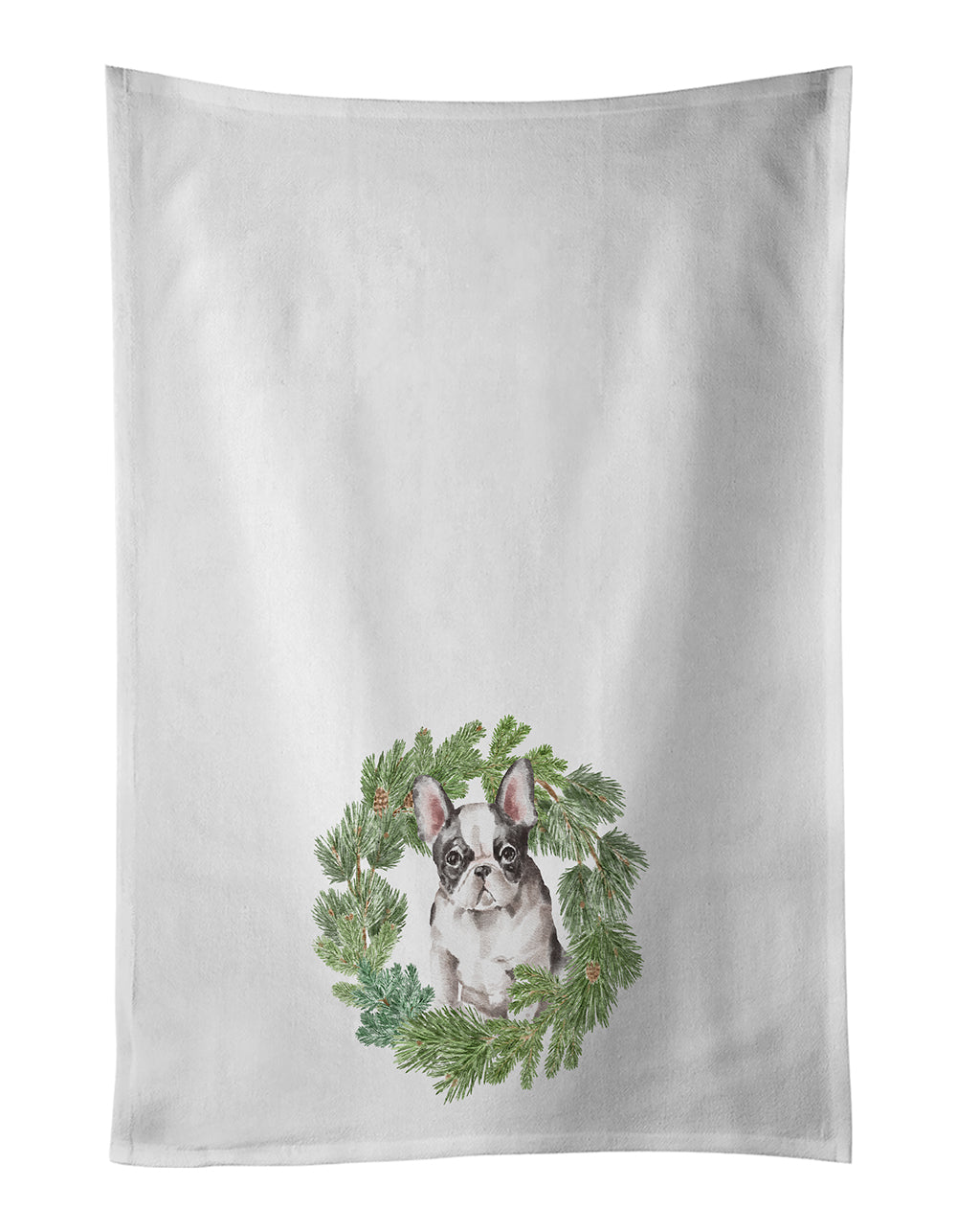 Buy this French Bulldog Black and White Christmas Wreath White Kitchen Towel Set of 2