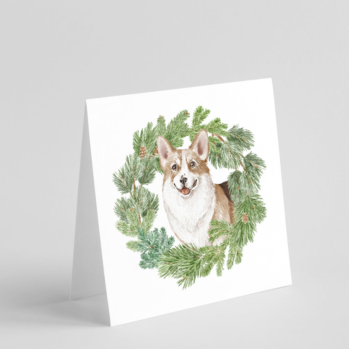 Buy this Corgi Tricolor Smiling with Christmas Wreath Square Greeting Cards and Envelopes Pack of 8