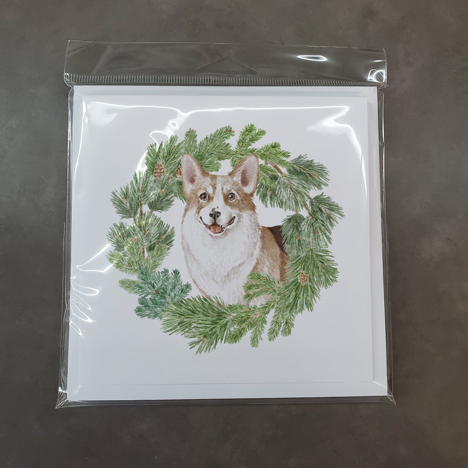Corgi Tricolor Smiling with Christmas Wreath Square Greeting Cards and Envelopes Pack of 8 - the-store.com