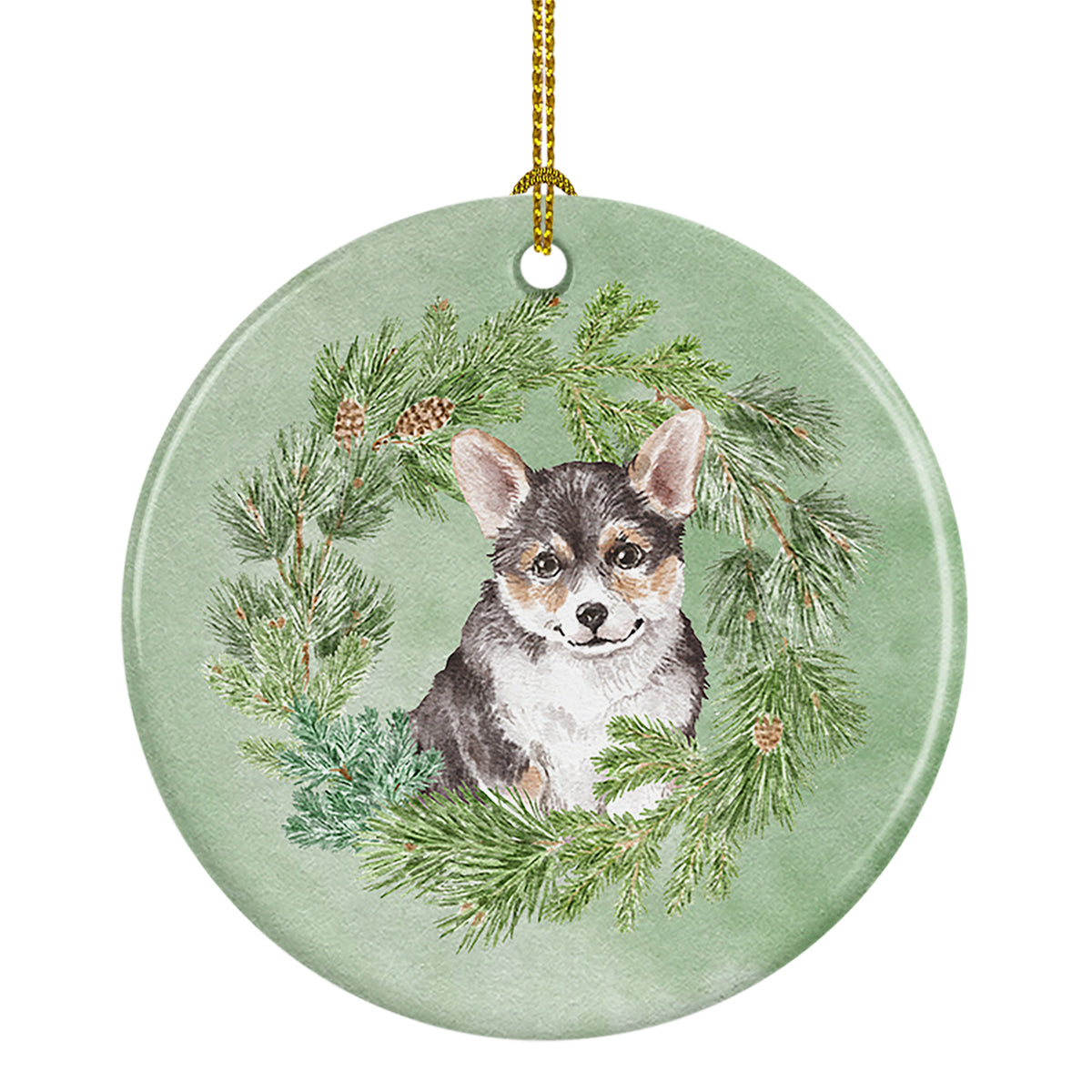 Buy this Corgi Tricolor Puppy Christmas Wreath Ceramic Ornament