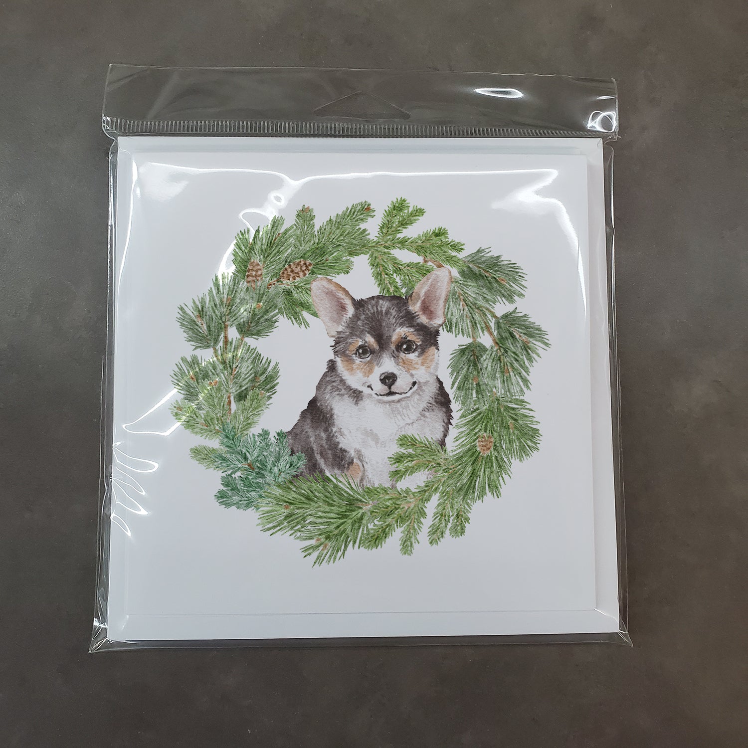 Corgi Tricolor Puppy with Christmas Wreath Square Greeting Cards and Envelopes Pack of 8 - the-store.com
