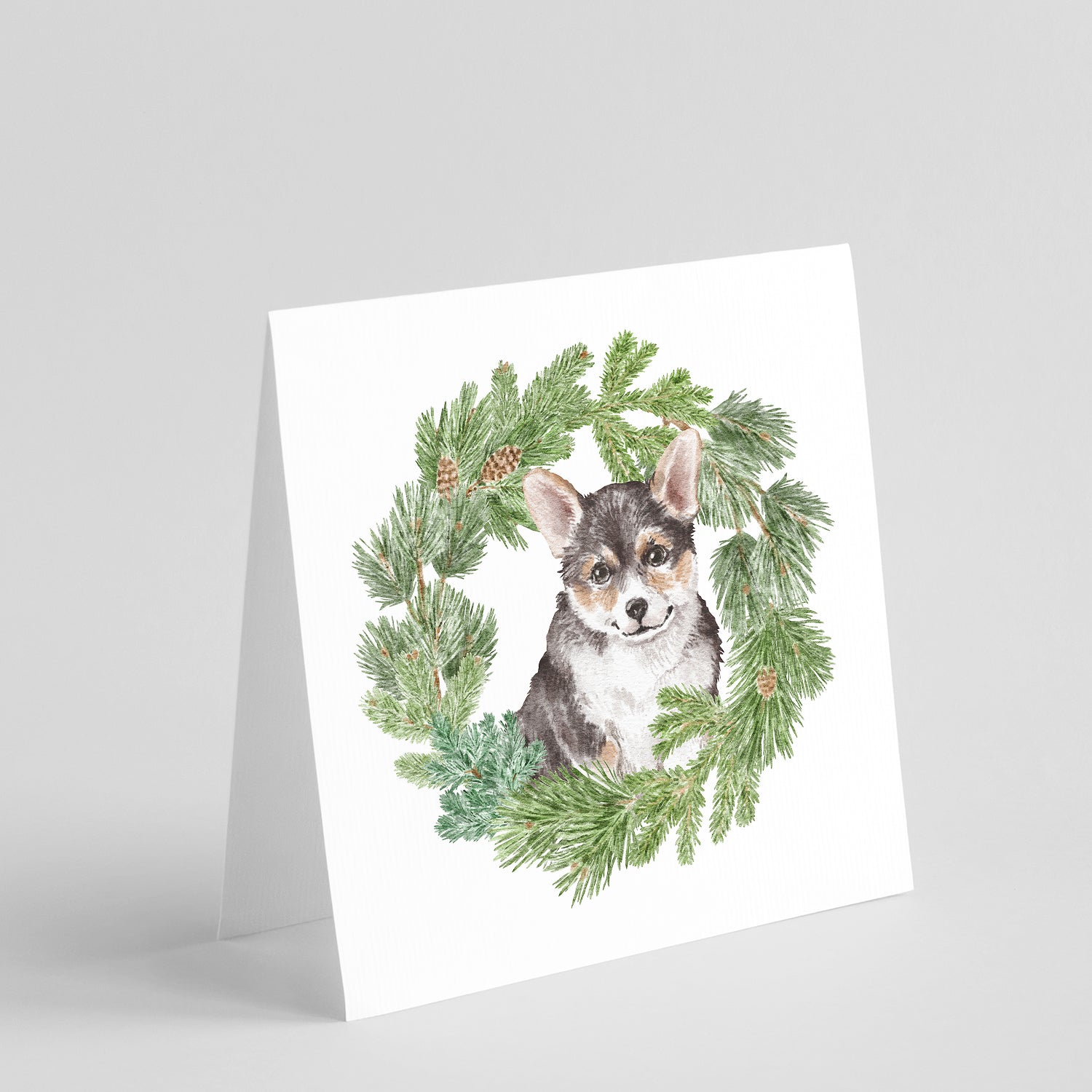 Buy this Corgi Tricolor Puppy with Christmas Wreath Square Greeting Cards and Envelopes Pack of 8