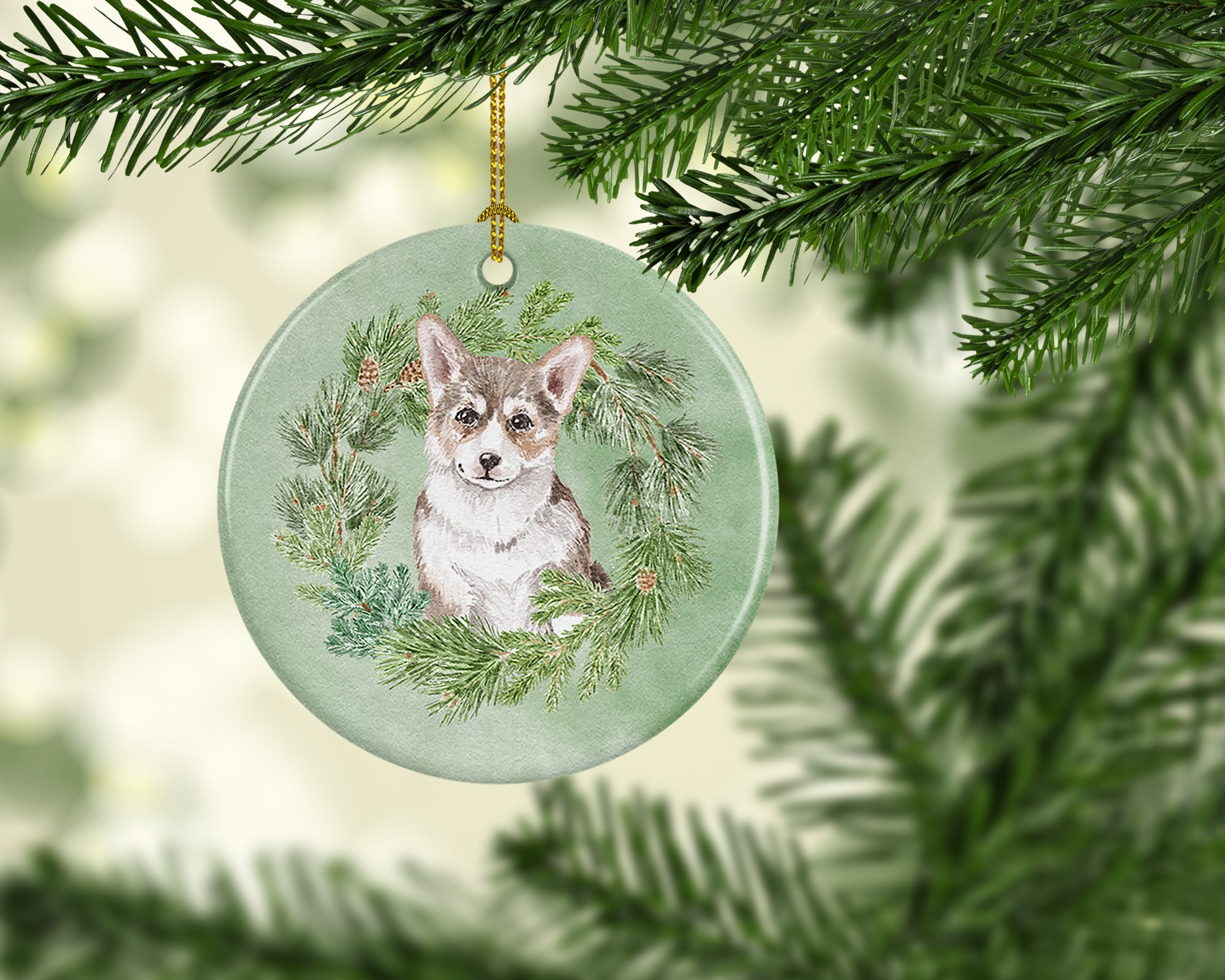 Corgi Puppy Sable Christmas Wreath Ceramic Ornament - the-store.com