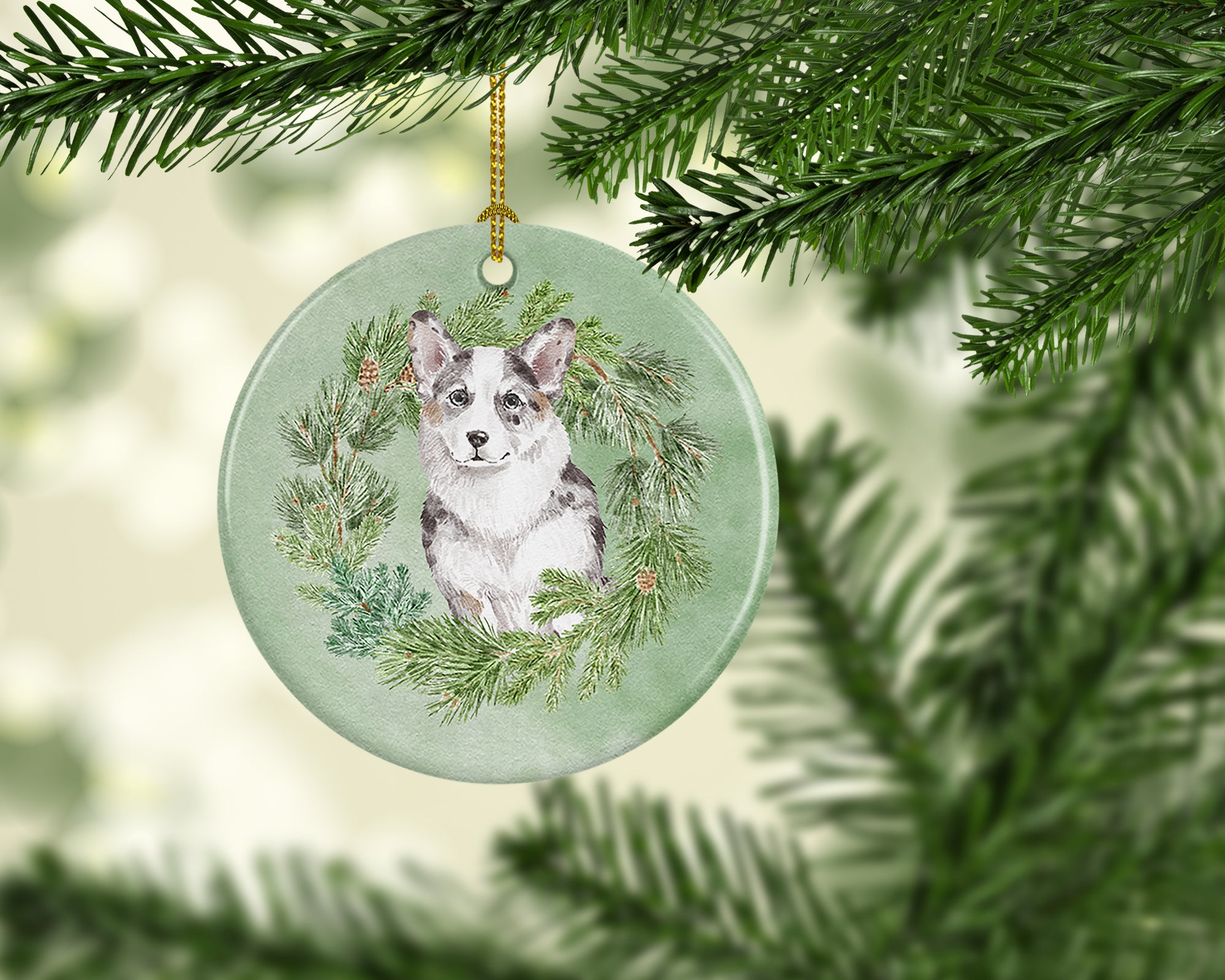 Corgi Blue Merle Christmas Wreath Ceramic Ornament - the-store.com