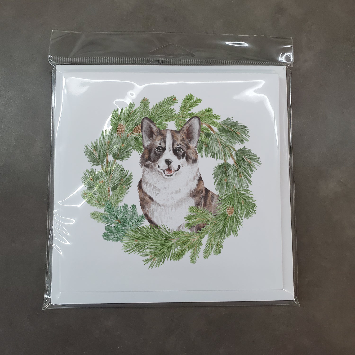 Corgi Brindle with Christmas Wreath Square Greeting Cards and Envelopes Pack of 8 - the-store.com