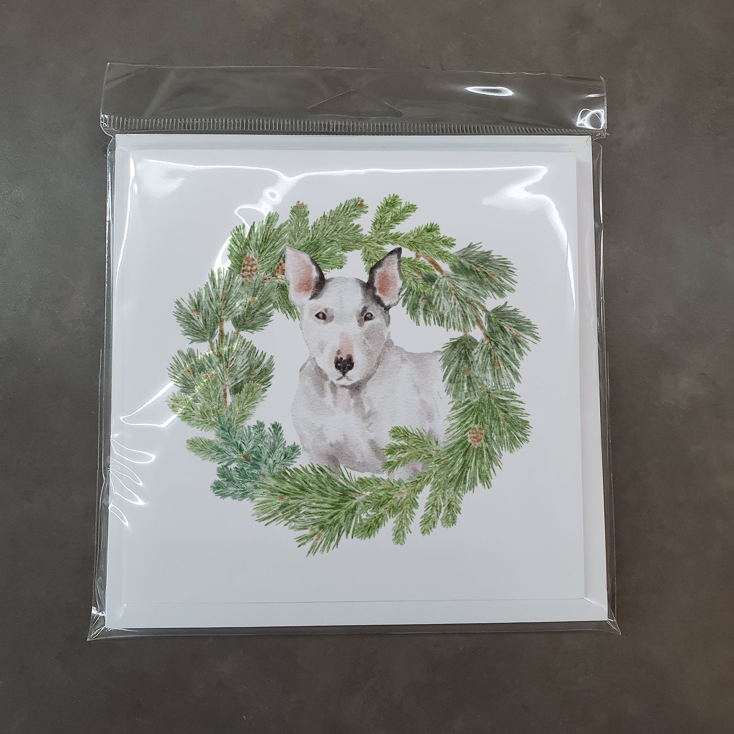 Bull Terrier White with Christmas Wreath Square Greeting Cards and Envelopes Pack of 8 - the-store.com
