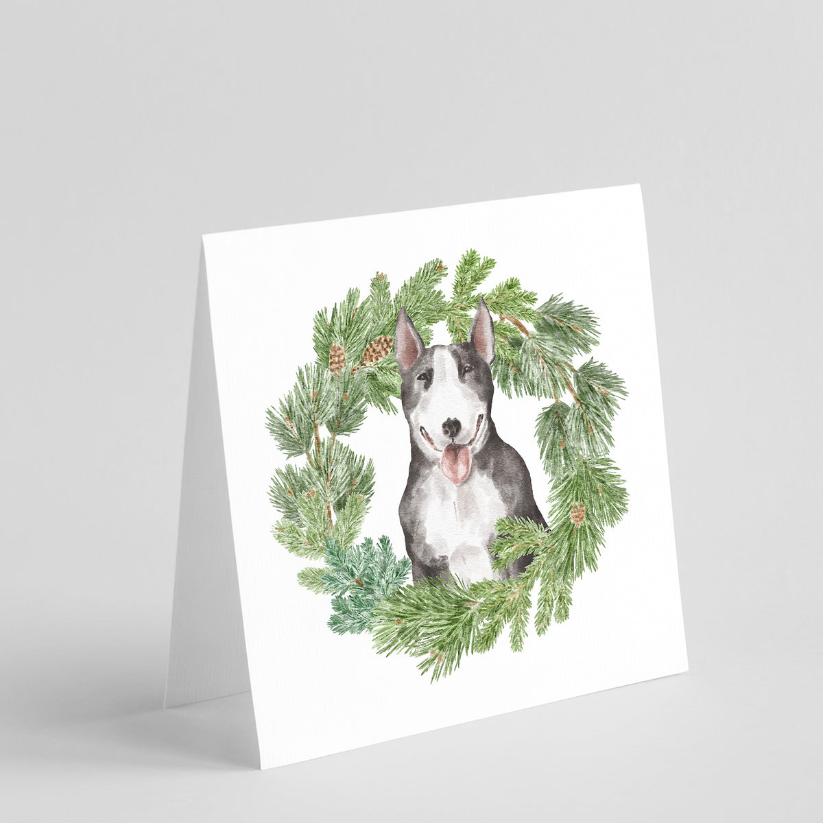 Buy this Bull Terrier Black and White with Christmas Wreath Square Greeting Cards and Envelopes Pack of 8