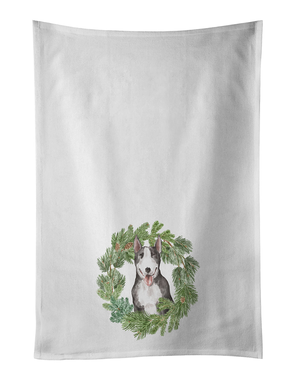 Buy this Bull Terrier Black and White Christmas Wreath White Kitchen Towel Set of 2