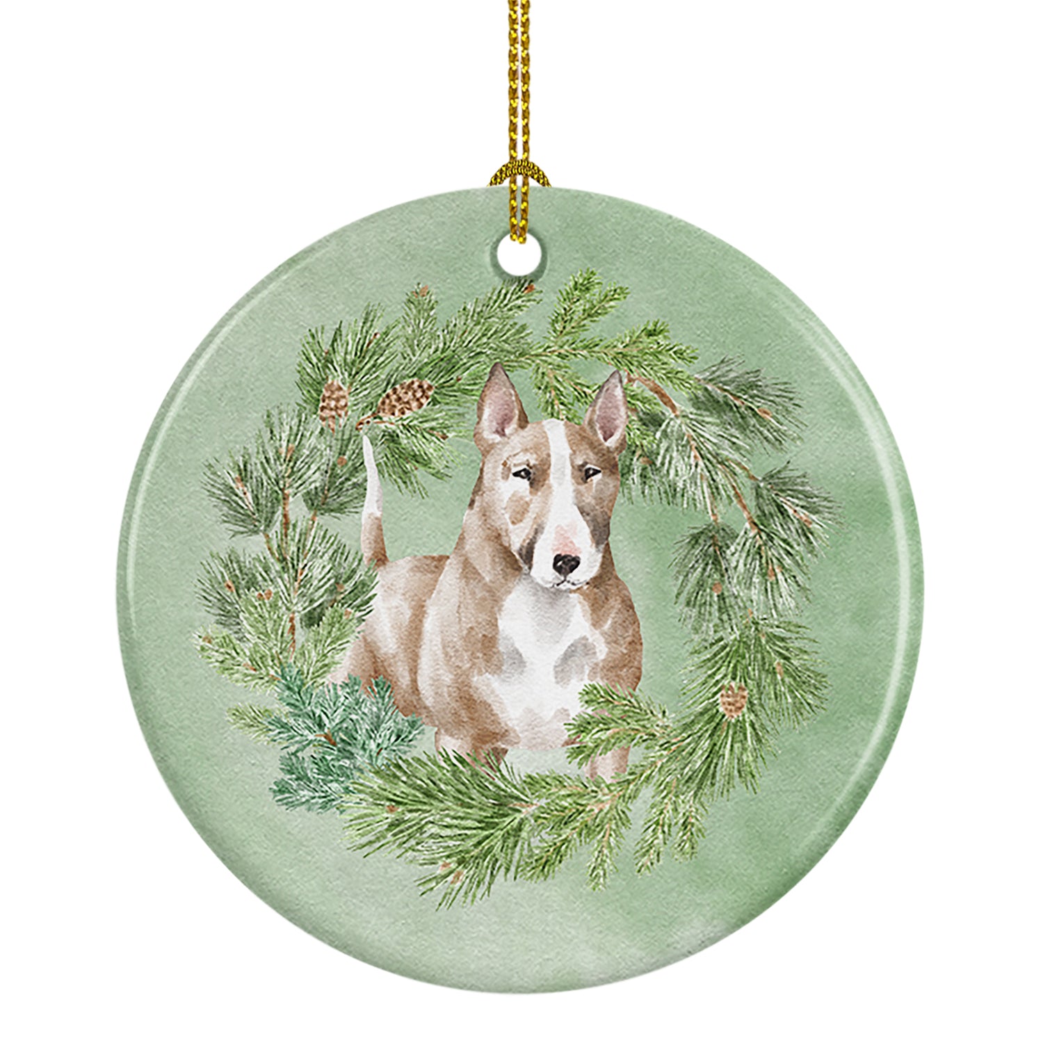 Buy this Bull Terrier Red and White Christmas Wreath Ceramic Ornament