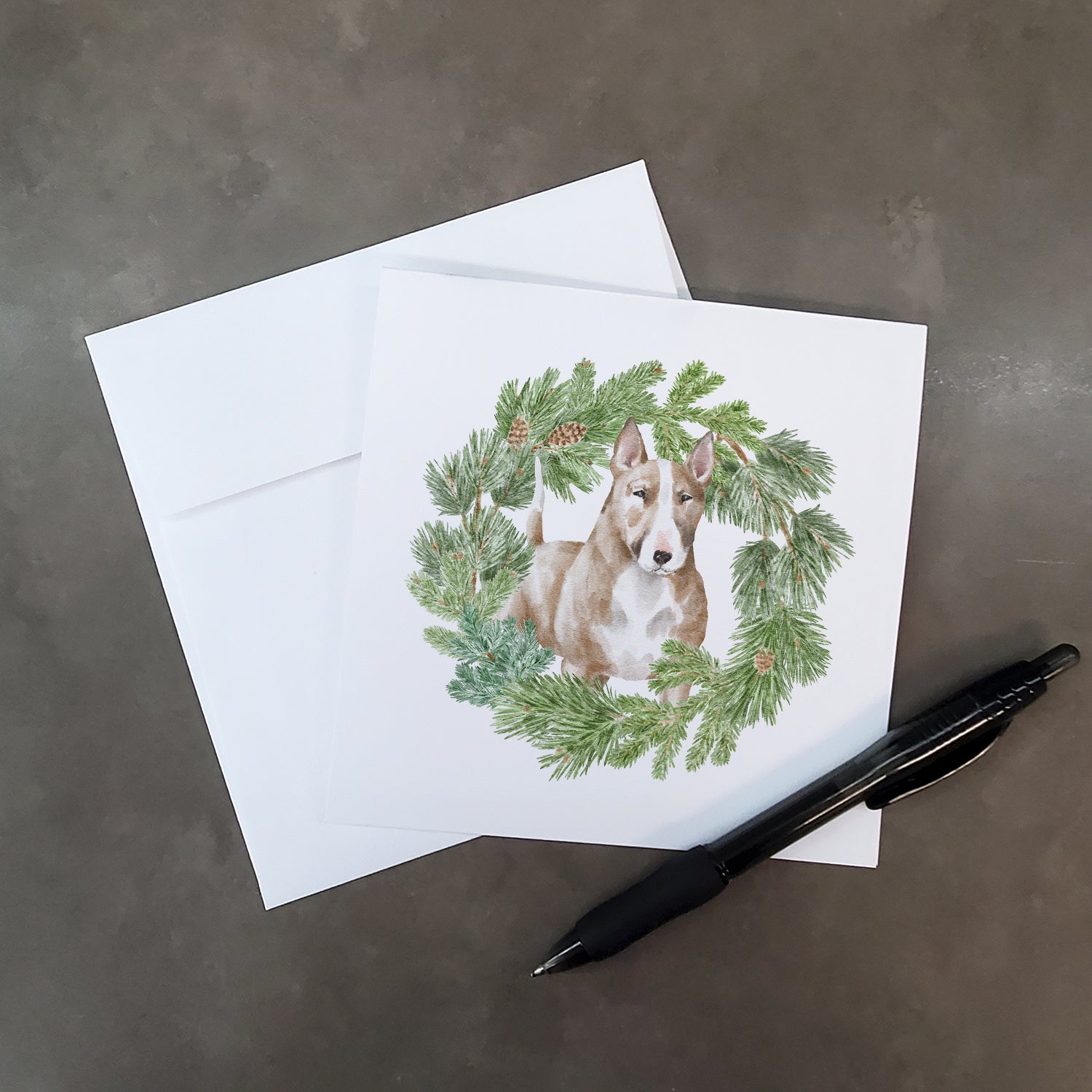 Buy this Bull Terrier Red and White with Christmas Wreath Square Greeting Cards and Envelopes Pack of 8