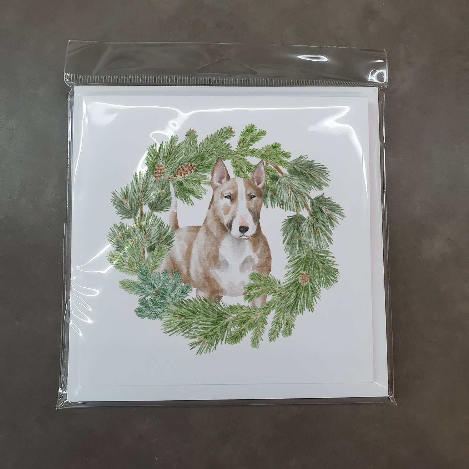 Bull Terrier Red and White with Christmas Wreath Square Greeting Cards and Envelopes Pack of 8 - the-store.com