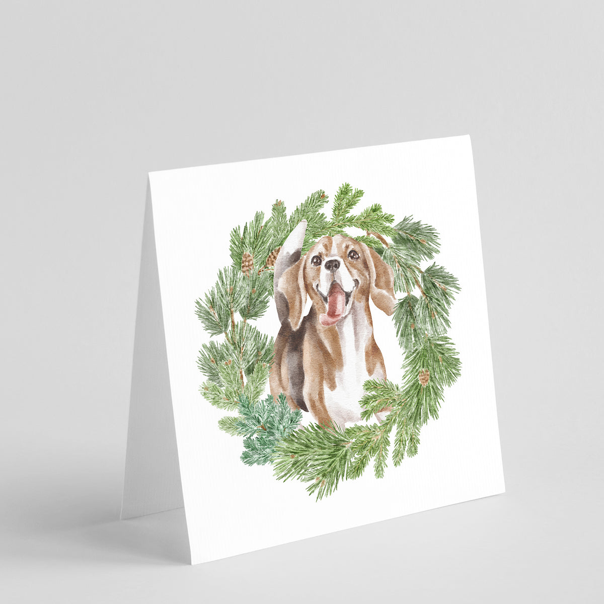 Buy this Beagle Smiling with Christmas Wreath Square Greeting Cards and Envelopes Pack of 8