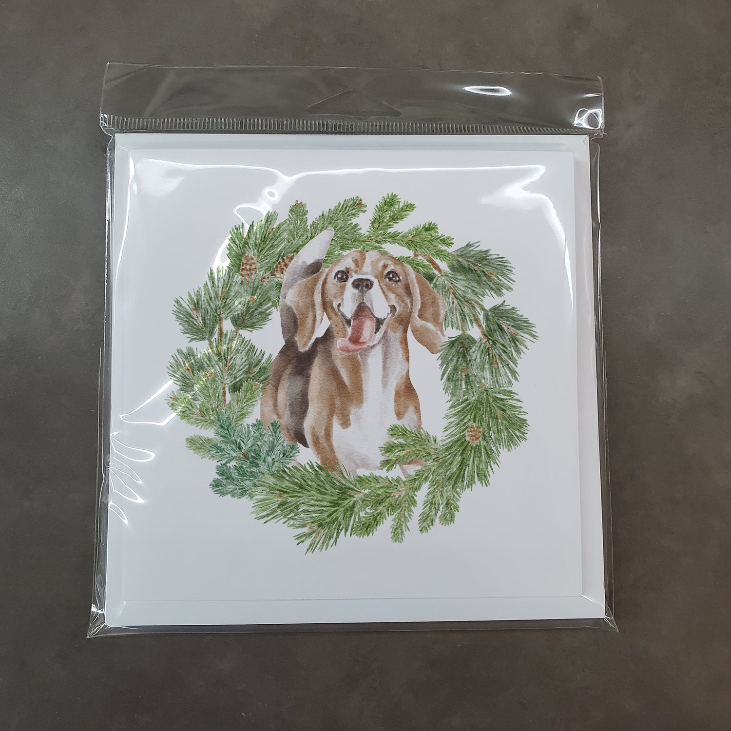 Beagle Smiling with Christmas Wreath Square Greeting Cards and Envelopes Pack of 8 - the-store.com