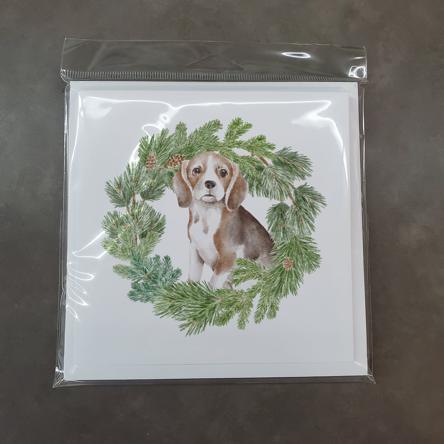 Beagle Puppy with Christmas Wreath Square Greeting Cards and Envelopes Pack of 8 - the-store.com
