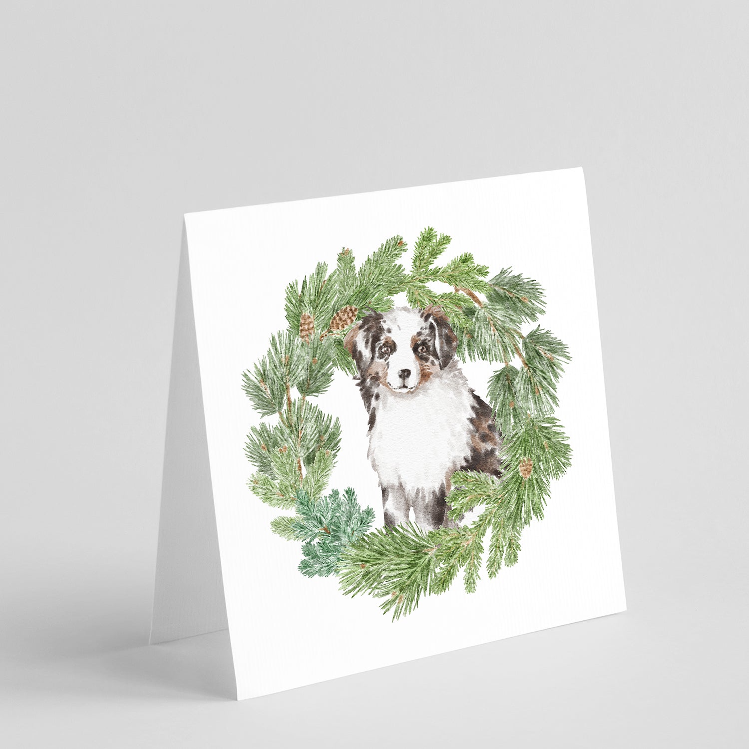 Buy this Australian Shepherd Puppy Blue Merle with Christmas Wreath Square Greeting Cards and Envelopes Pack of 8