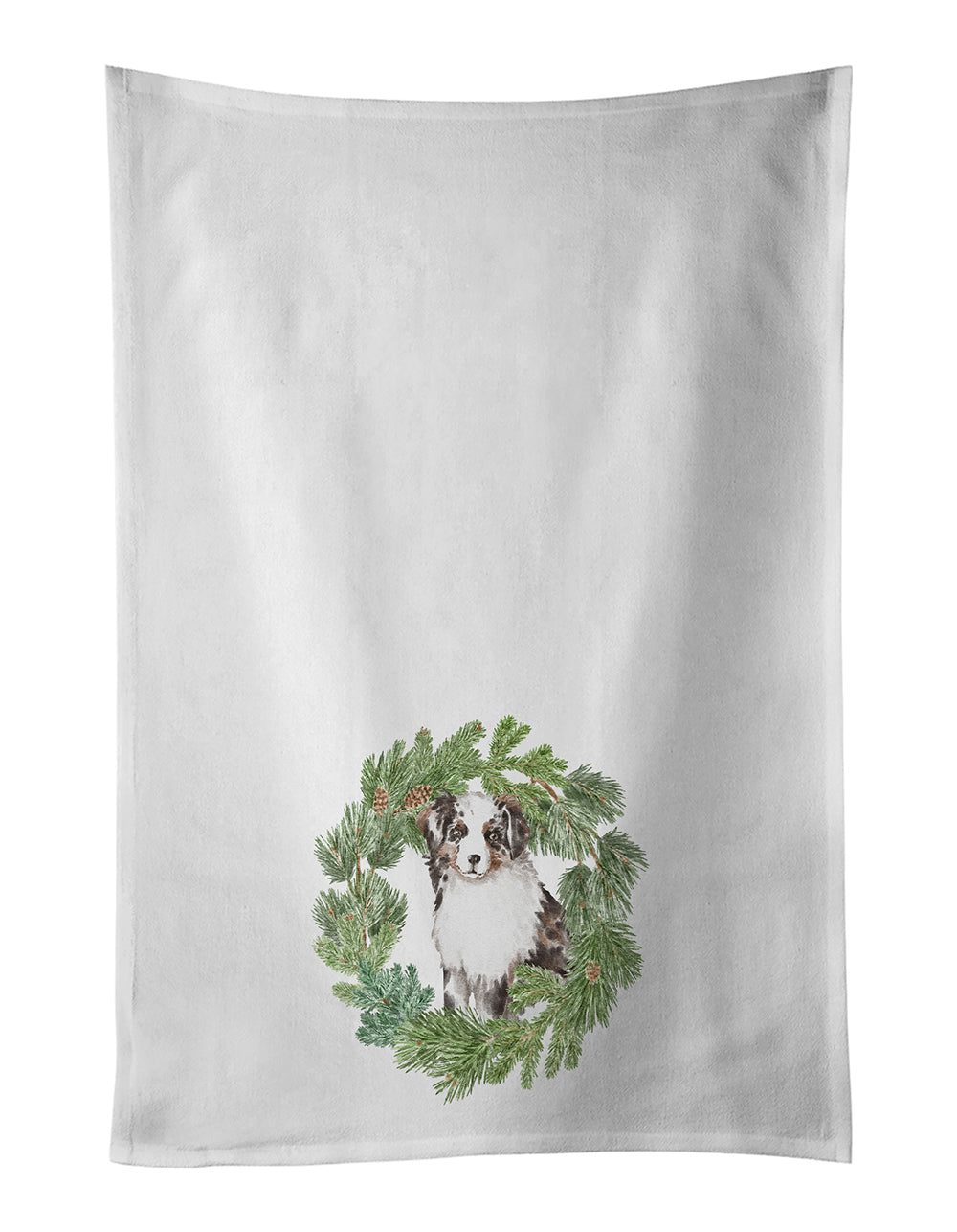 Buy this Australian Shepherd Puppy Blue Merle Christmas Wreath White Kitchen Towel Set of 2