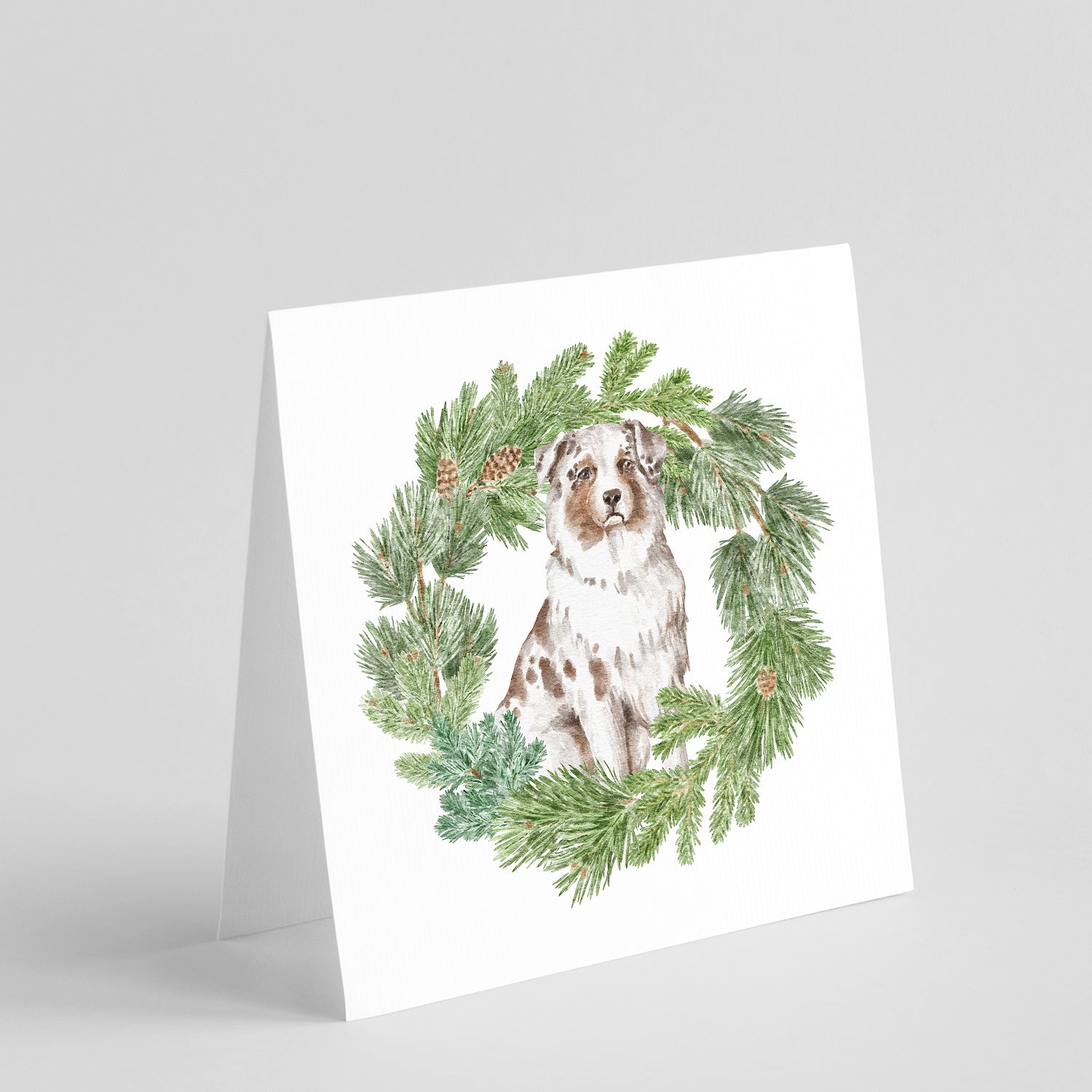 Buy this Australian Shepherd Red Merle with Christmas Wreath Square Greeting Cards and Envelopes Pack of 8