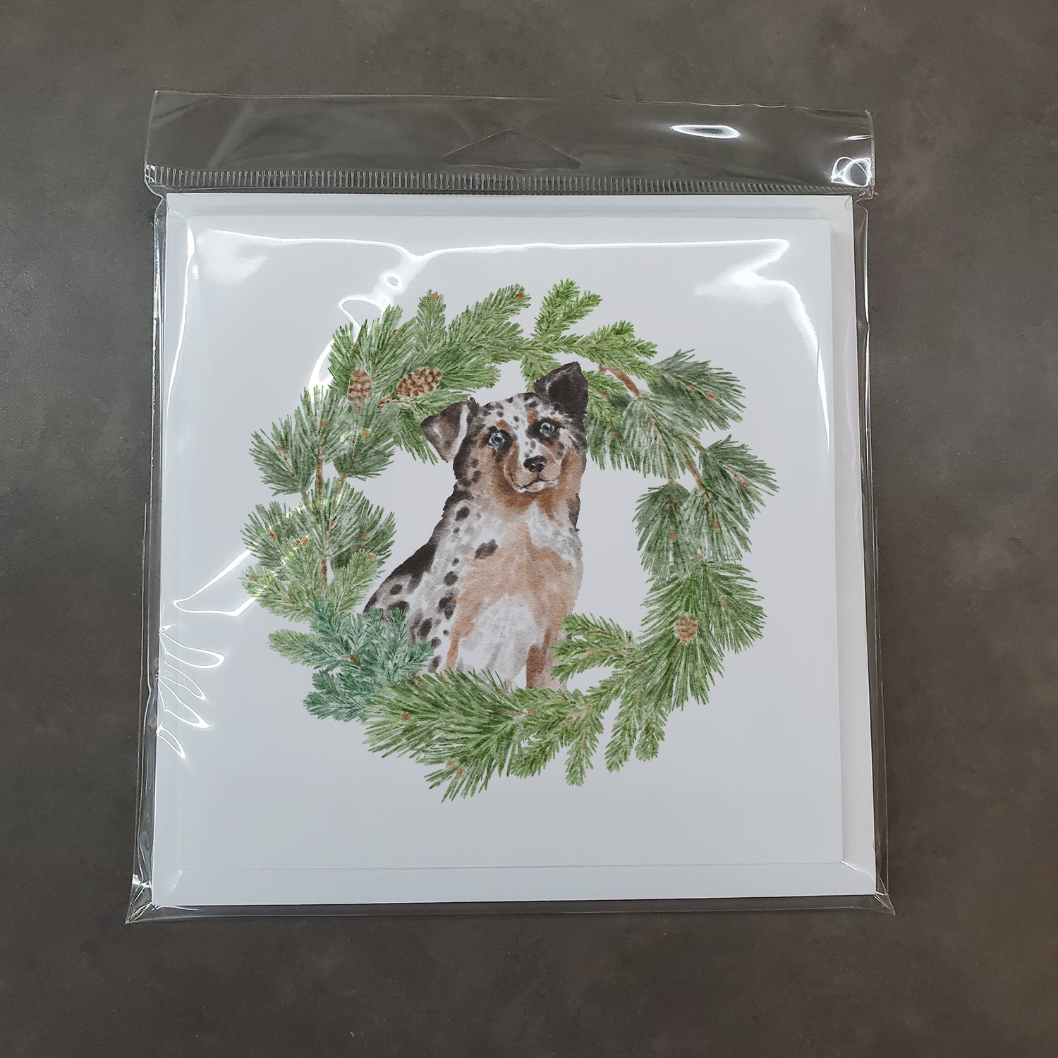 Australian Shepherd Blue Merle and Tan Shorthaired with Christmas Wreath Square Greeting Cards and Envelopes Pack of 8 - the-store.com
