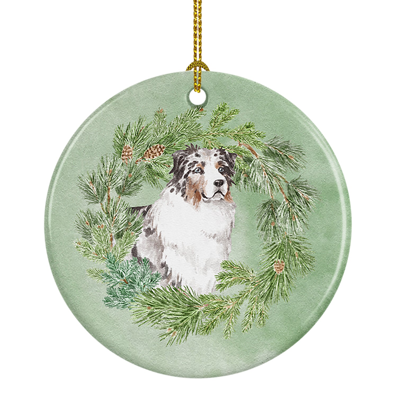 Buy this Australian Shepherd Blue Merle Longhaired Christmas Wreath Ceramic Ornament
