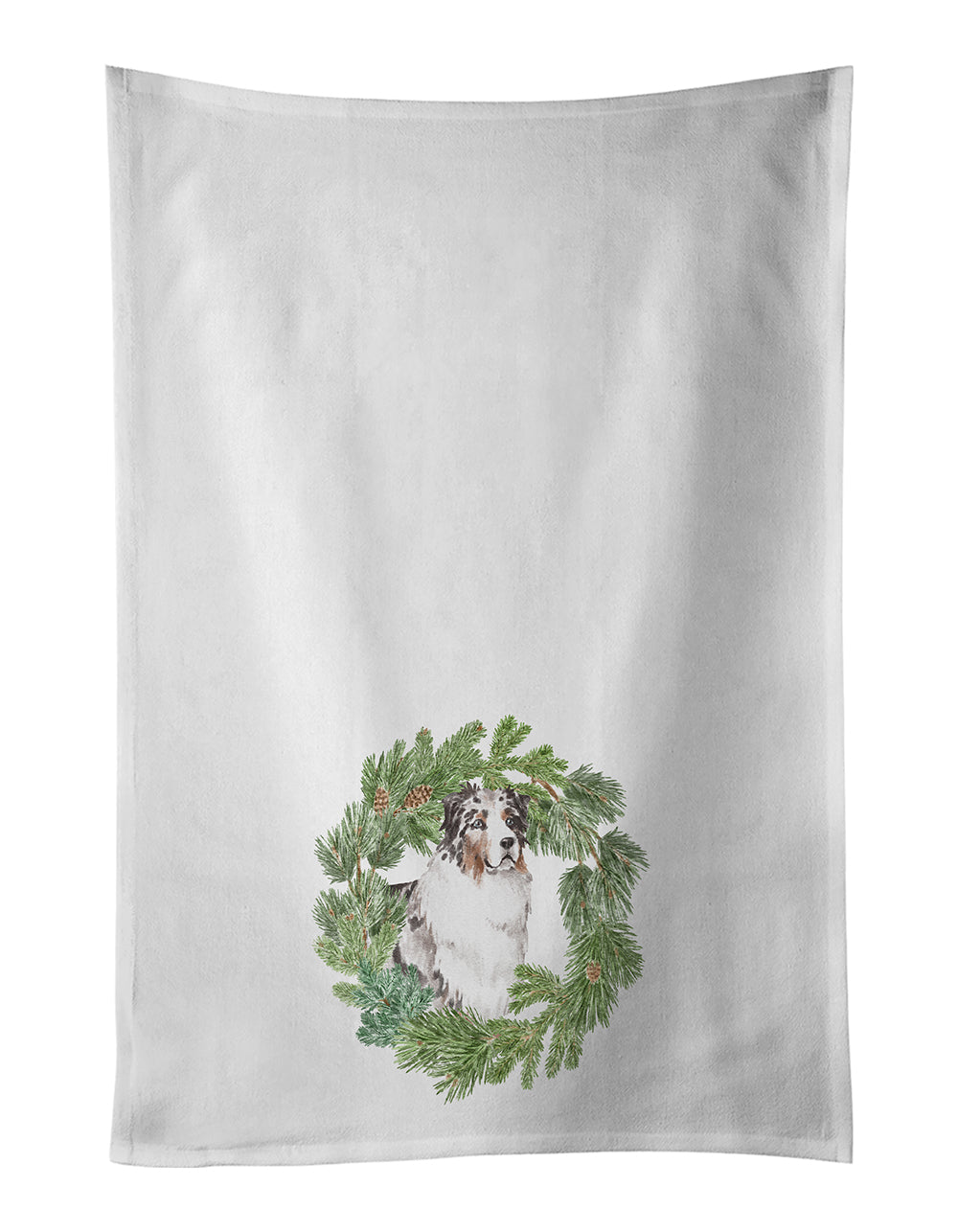 Buy this Australian Shepherd Blue Merle Longhaired Christmas Wreath White Kitchen Towel Set of 2