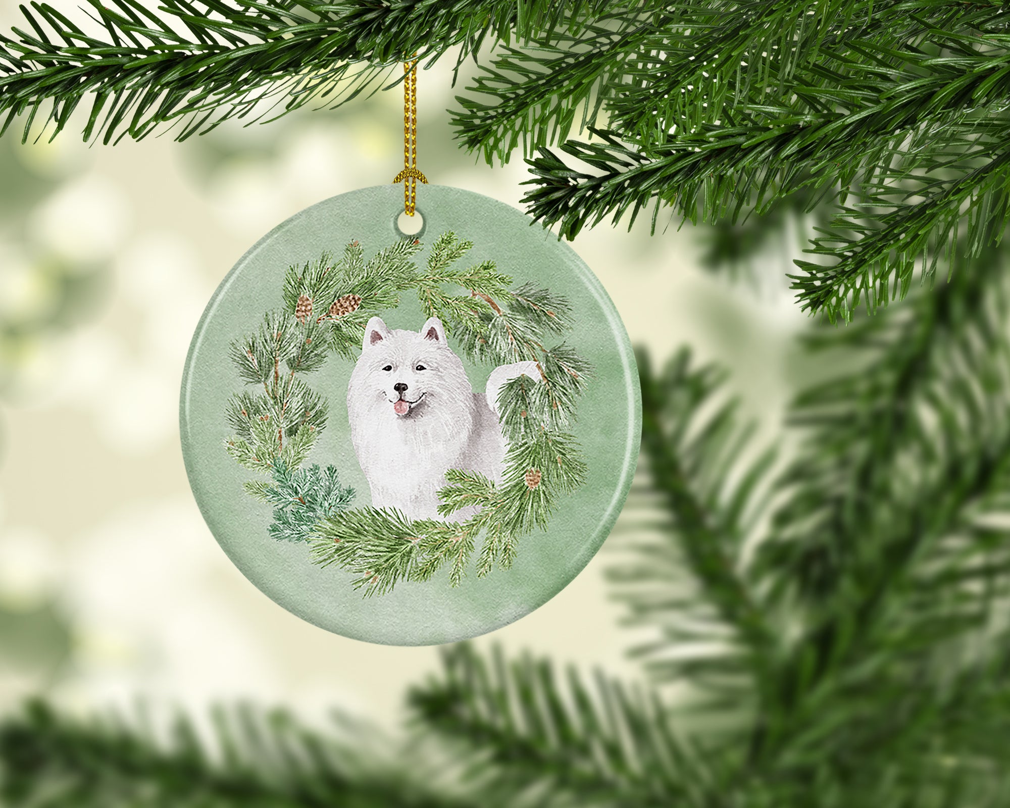 Buy this Samoyed Smiling Christmas Wreath Ceramic Ornament