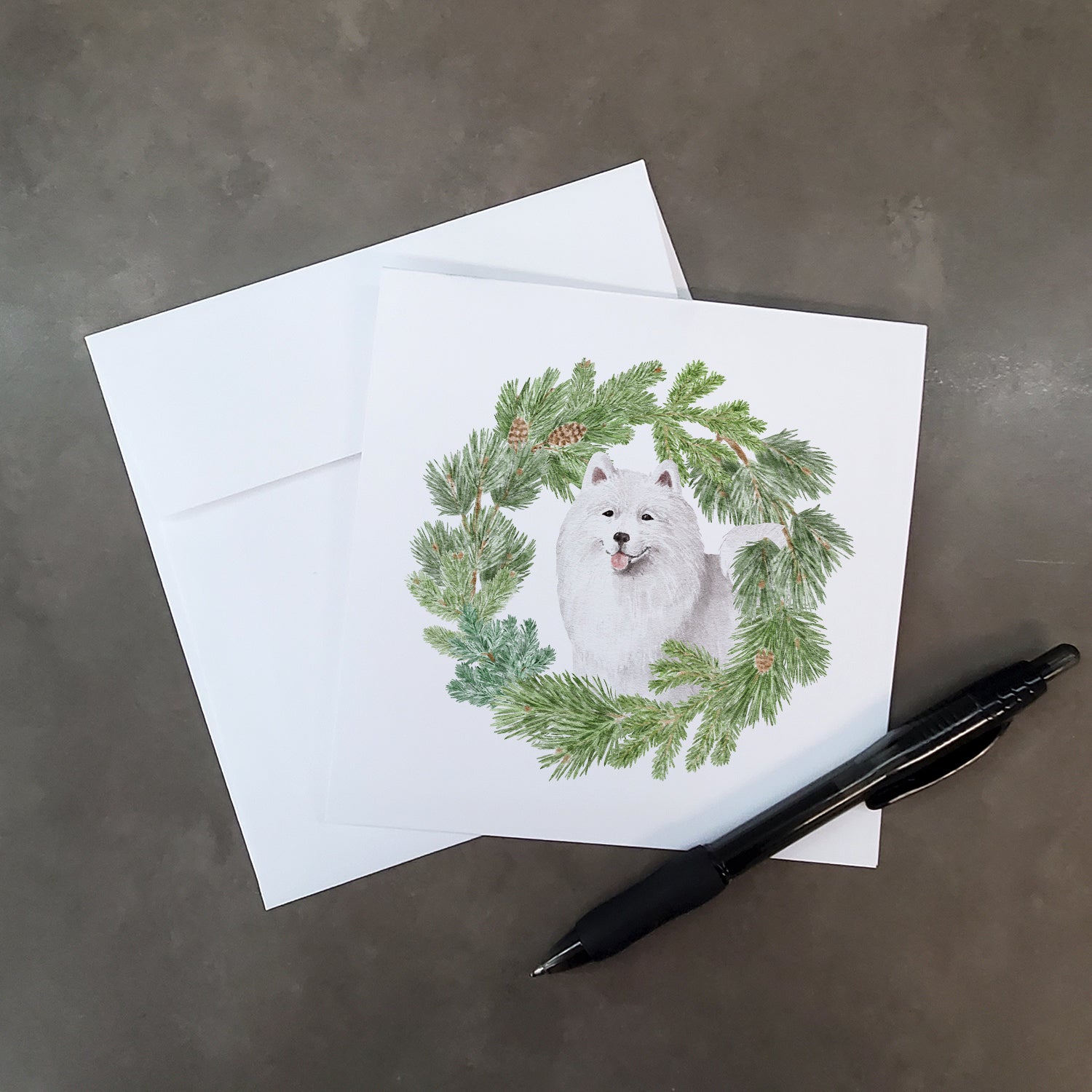 Samoyed Smiling with Christmas Wreath Square Greeting Cards and Envelopes Pack of 8 - the-store.com
