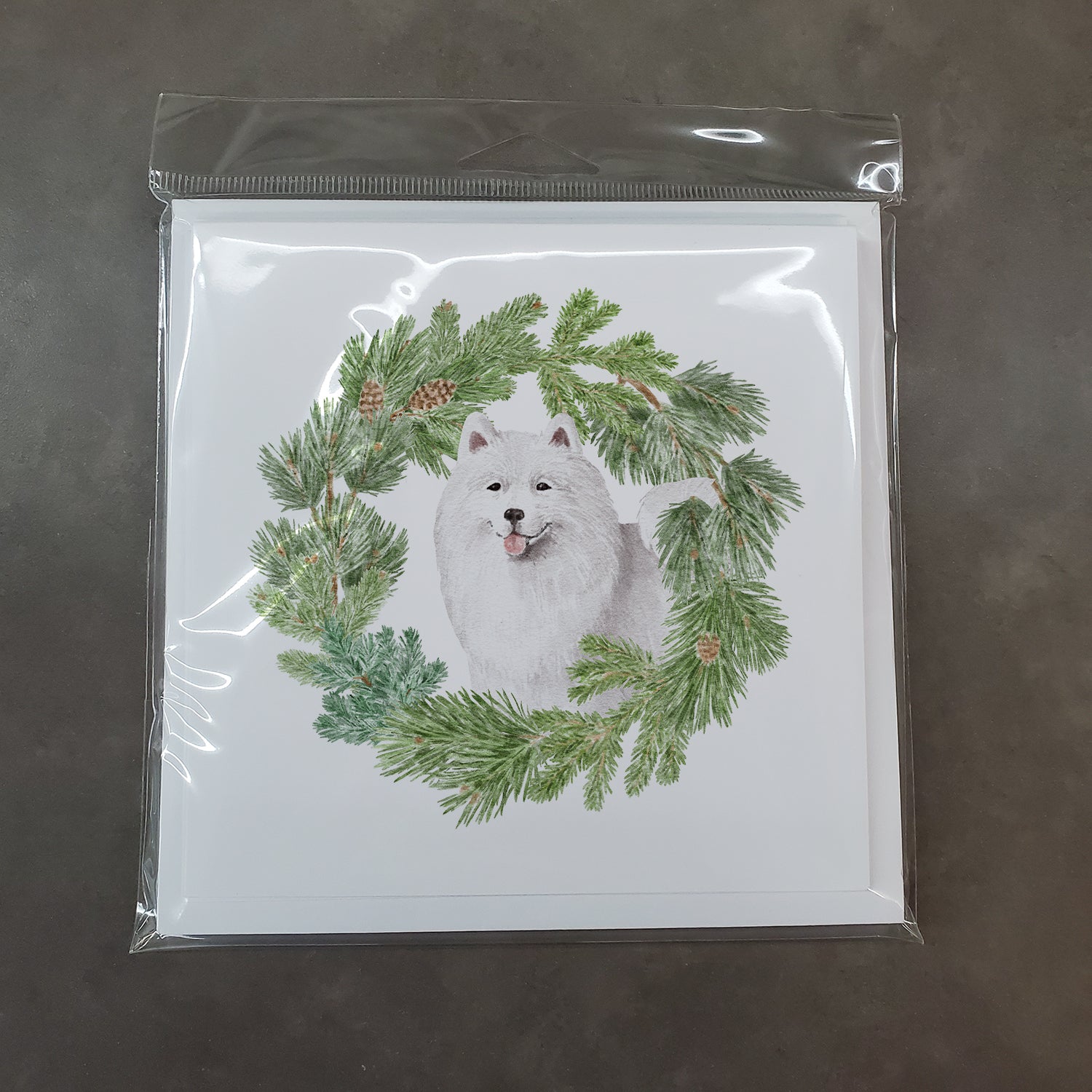 Samoyed Smiling with Christmas Wreath Square Greeting Cards and Envelopes Pack of 8 - the-store.com