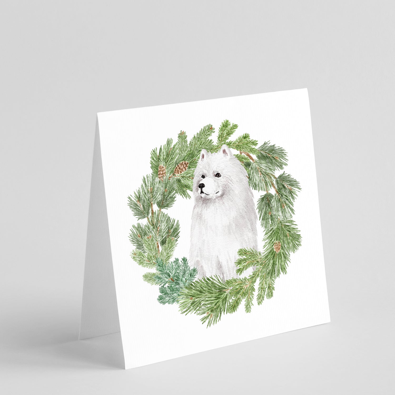 Buy this Samoyed Sitting with Christmas Wreath Square Greeting Cards and Envelopes Pack of 8