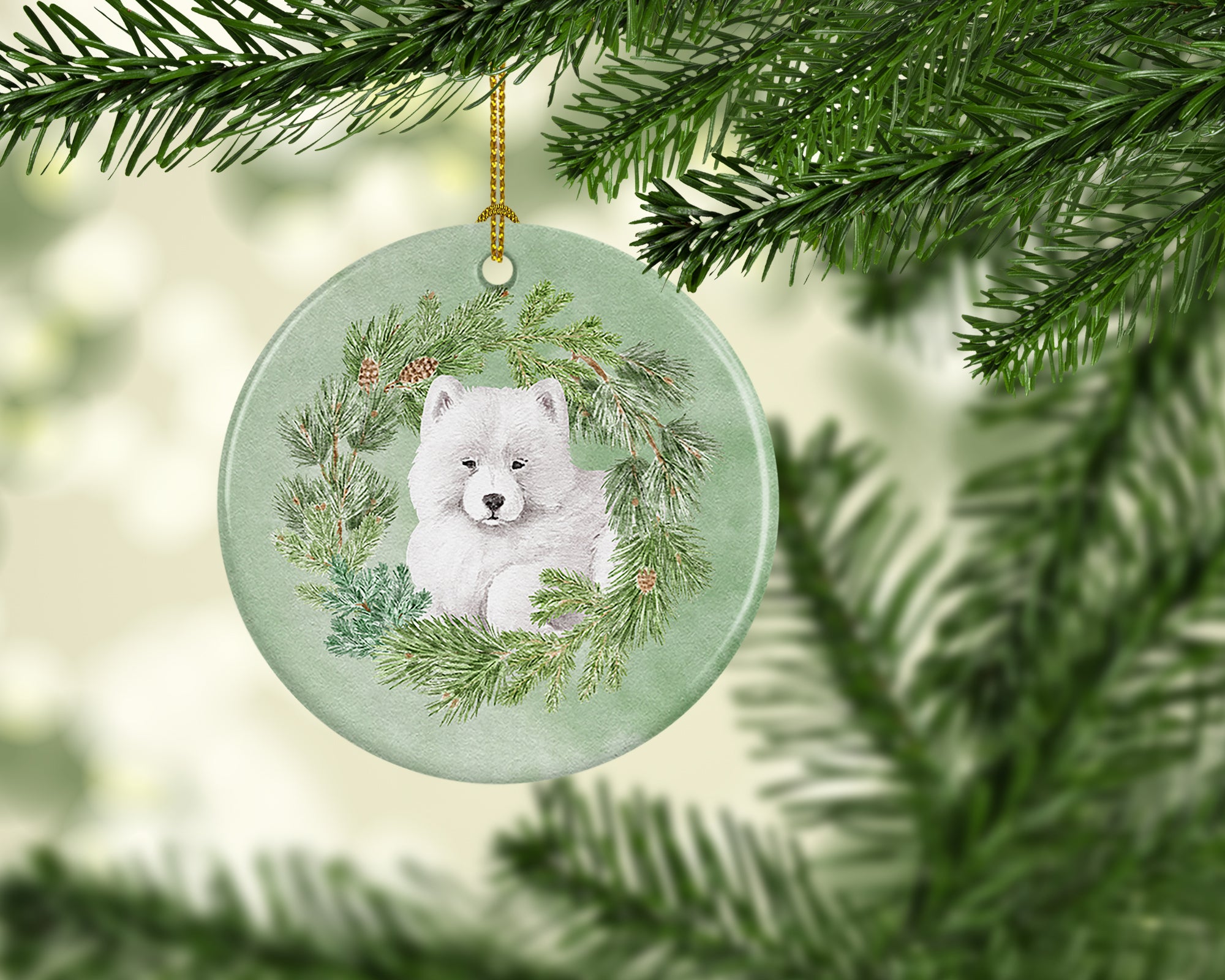 Samoyed Puppy Christmas Wreath Ceramic Ornament - the-store.com