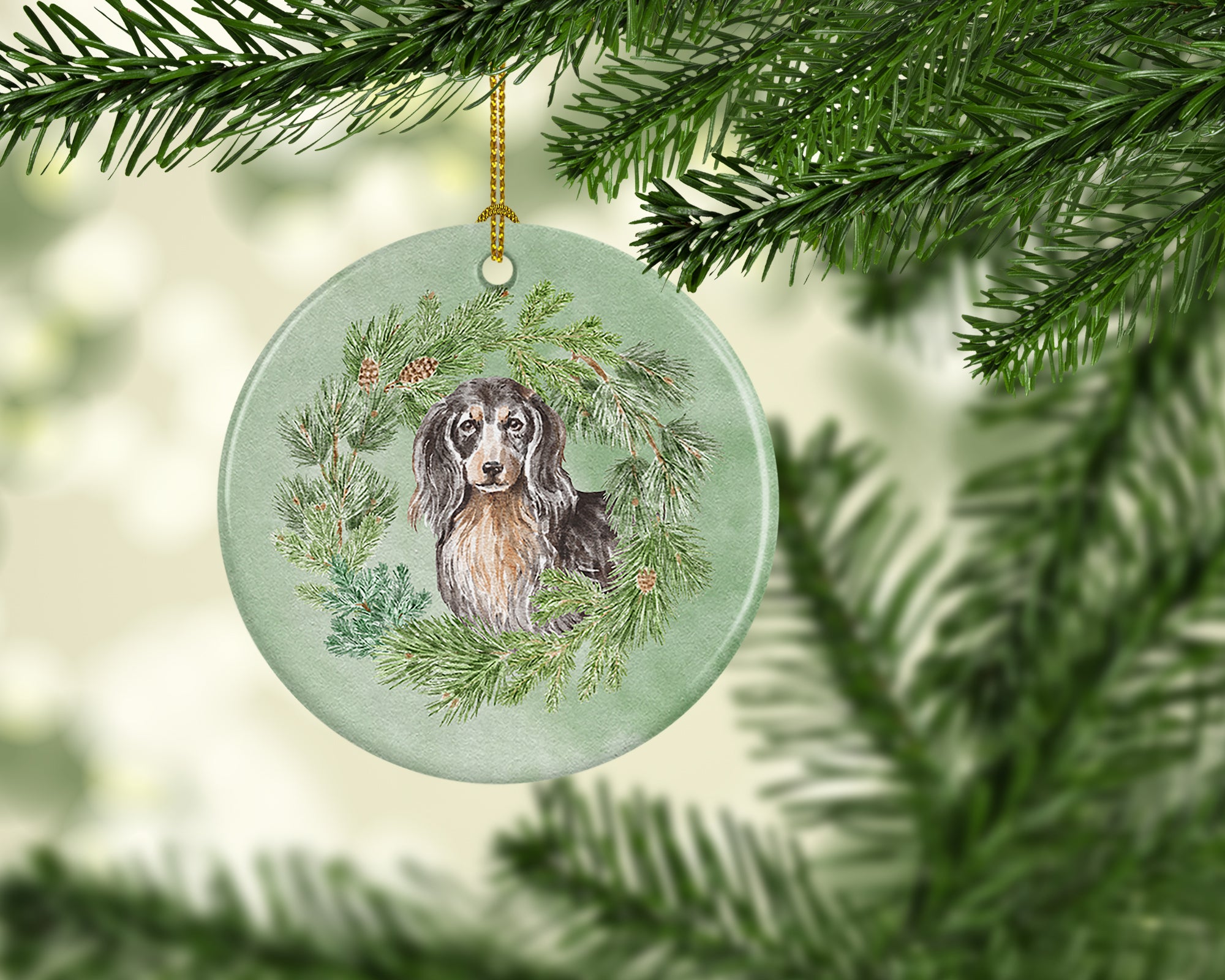 Dachshund Black and Tan Longhaired  Christmas Wreath Ceramic Ornament - the-store.com