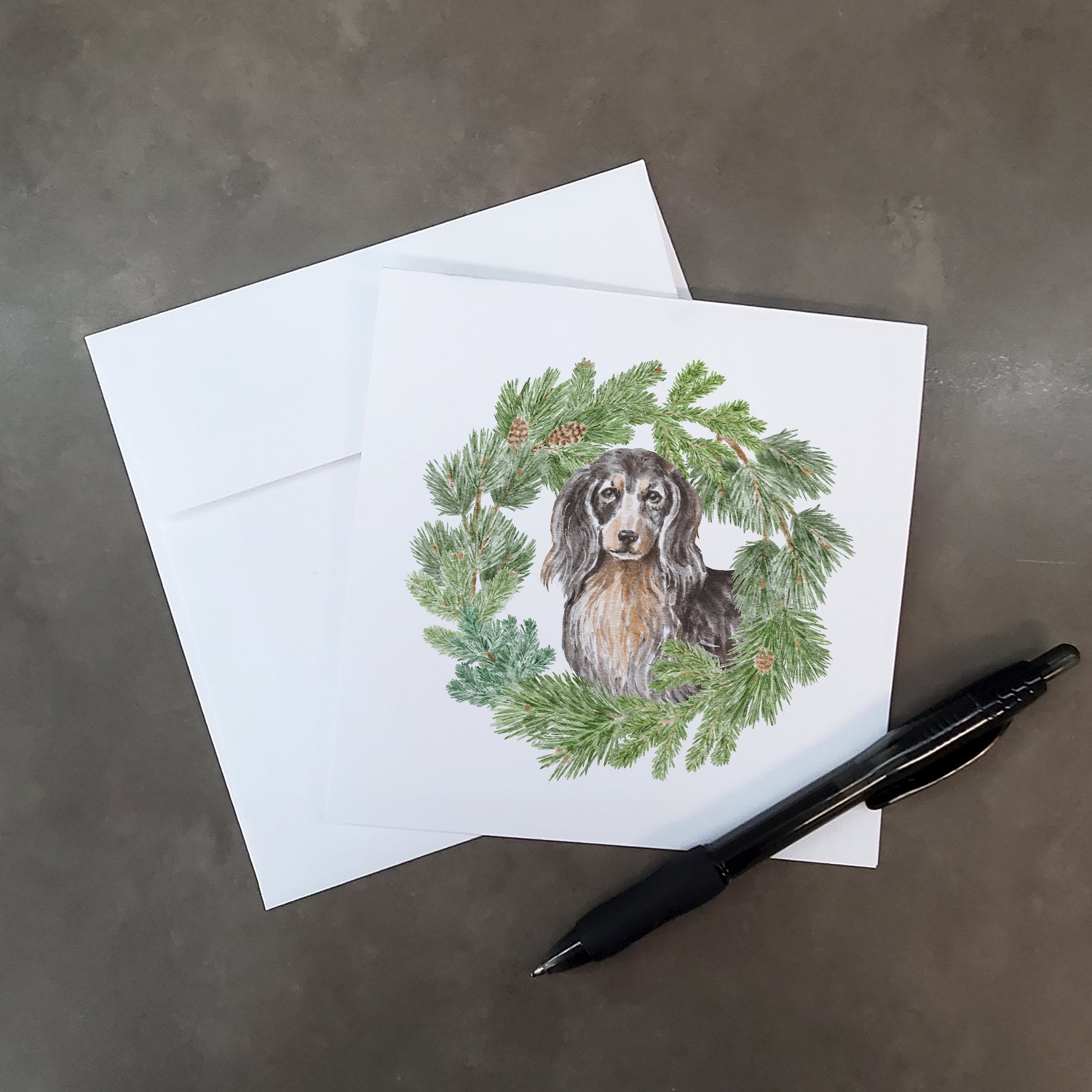Buy this Dachshund Black and Tan Longhaired with Christmas Wreath Square Greeting Cards and Envelopes Pack of 8