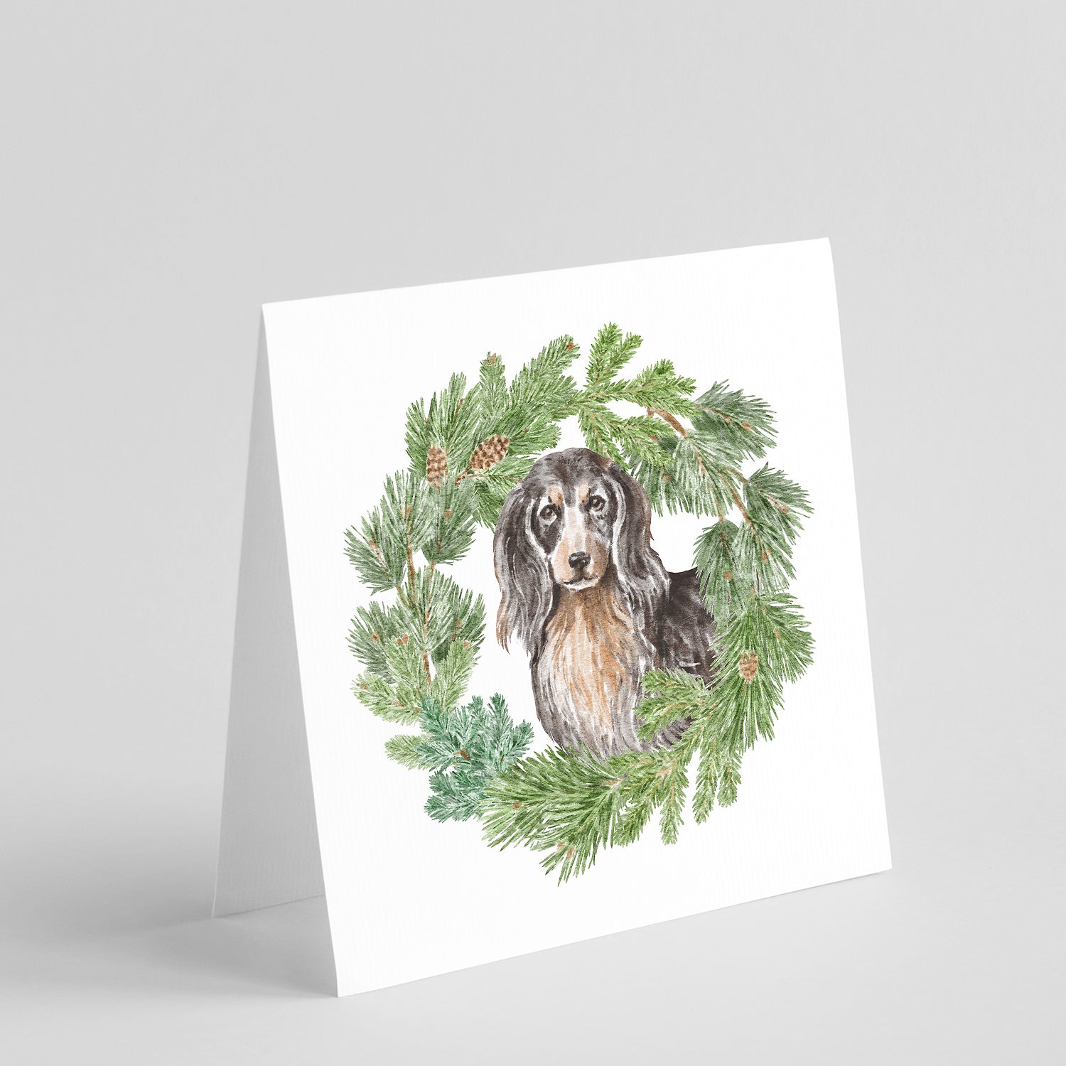 Buy this Dachshund Black and Tan Longhaired with Christmas Wreath Square Greeting Cards and Envelopes Pack of 8